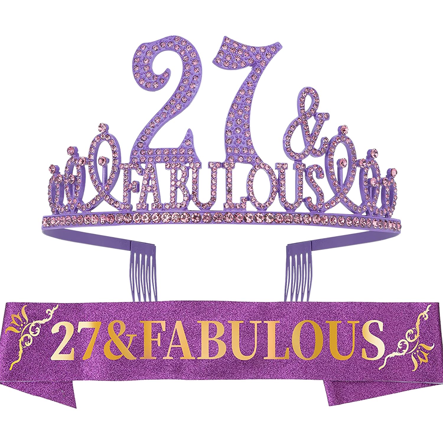 27th Birthday Fabulous Set: Glitter Sash and Rhinestone Silver Premium Metal Tiara for Women - Birthday Gifts for Party