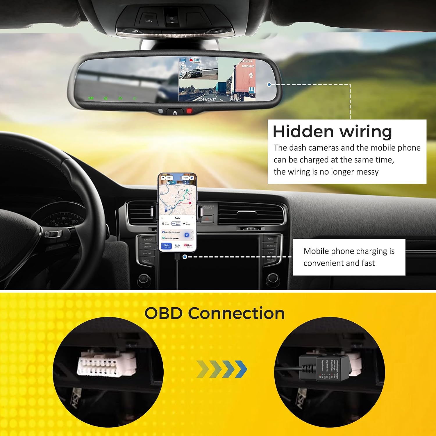 OBD Constant Power Cable,OBD II Power Adapter with Two USB Ports for Dashcam,24/7 Power Supply Mode/Low Voltage Protection,Vehicle OBD 5V 3A Port Charger Cable Compatible with Gar‘min Dash Cam