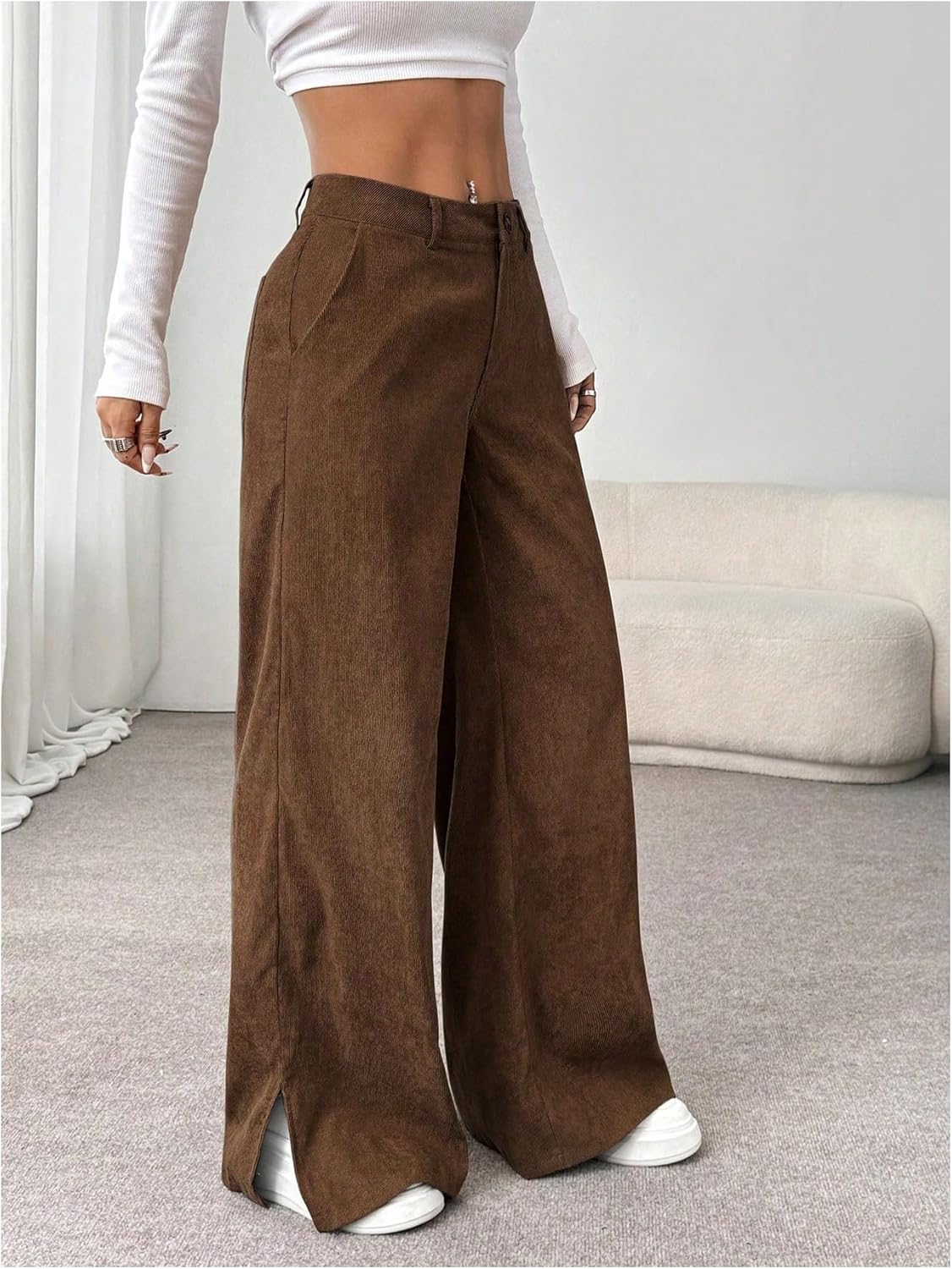 GORGLITTER Women's Baggy Dress Corduroy Pants Straight Leg High Waist Fall Trousers with Pockets - Image 3