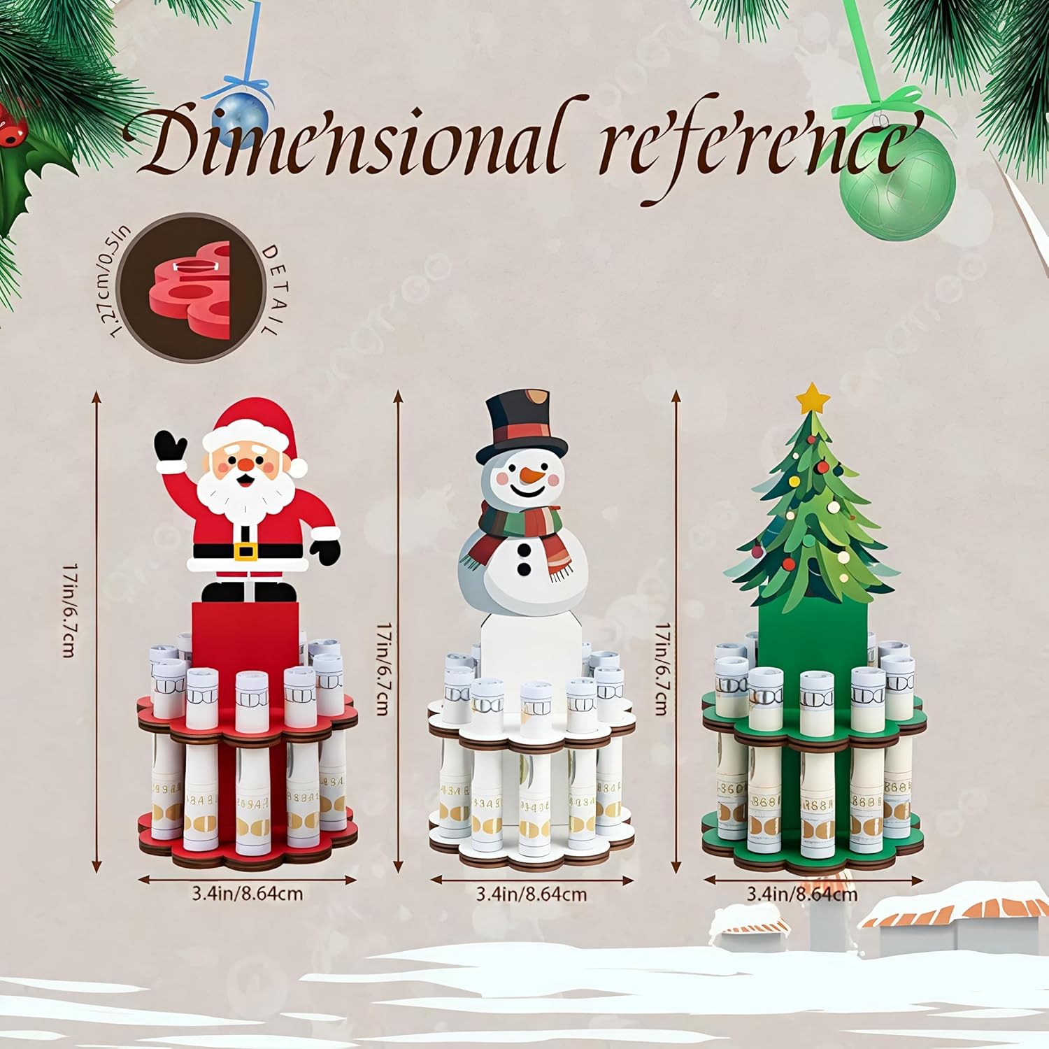 3 PCS christmas money holder, Money Holders, Christmas Ornaments with 10 Holes Cake for Table Decor Personalized Money Cash Gift Can Be Written On The Back (Santa)