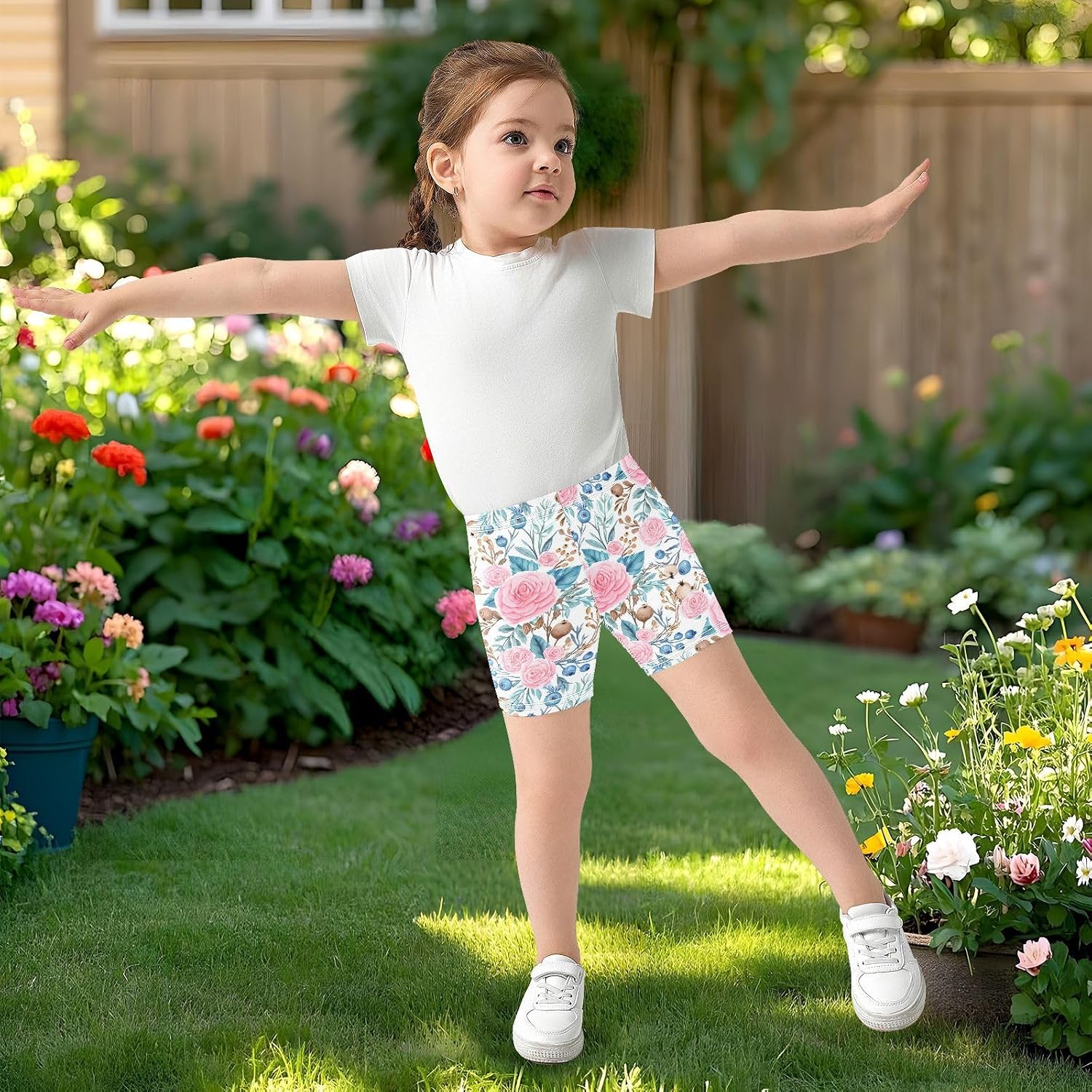 Blueberry Branch Floral White Girls Bike Shorts Toddler Soft Cotton Cartwheel Under Dress Dance Shorts