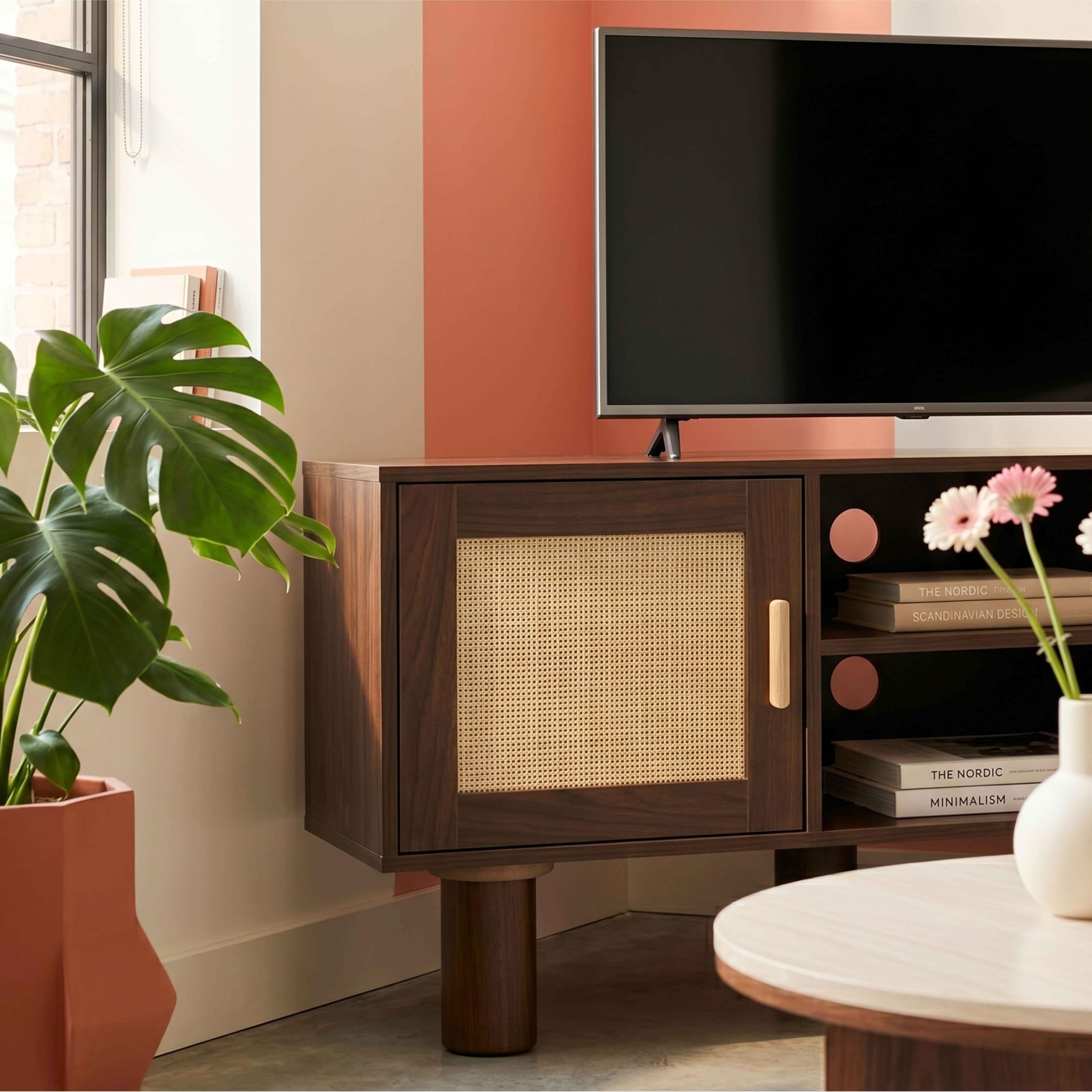 Oviala Meuble TV d'angle 120 cm en rotin synthétique scandinave Bois foncé