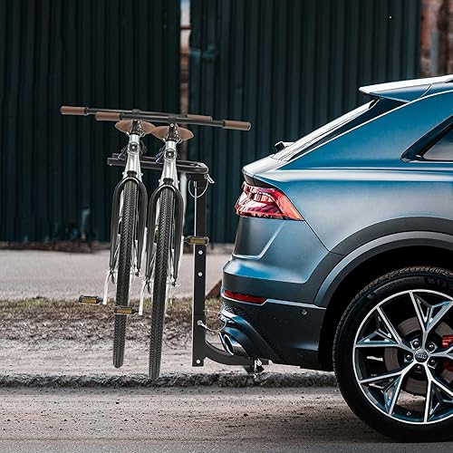 Miniatura 5 de Soporte para 2 bicicletas para coches, portabicicletas plegable para automóvil, SUV, RV, portabicicletas con estabilizador, correas de goma,