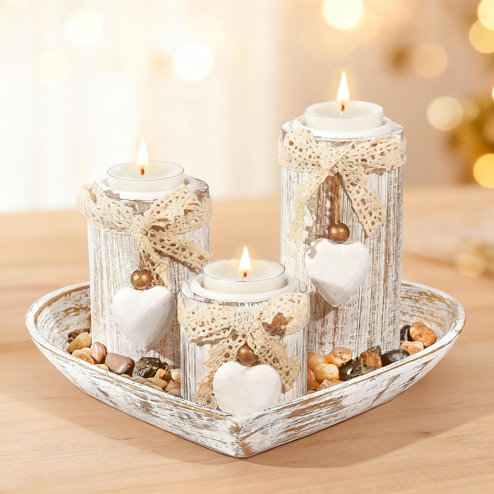 GoMaihe Tealight Candle Holders with Tray: 3-Pcs Wooden Candlestick Set for Dining Table Centrepiece Ornaments for Living Room, Gift for Mum Birthday Present, Heart