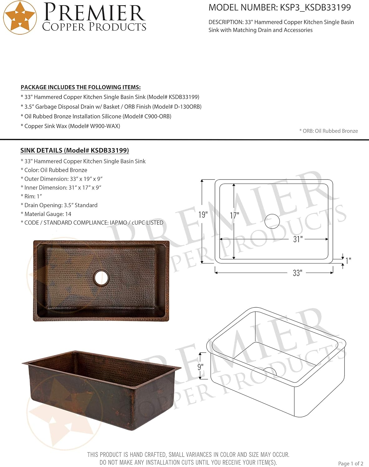 Premier Copper Products KSP3_KSDB33199 Kitchen Sink and Drain Package