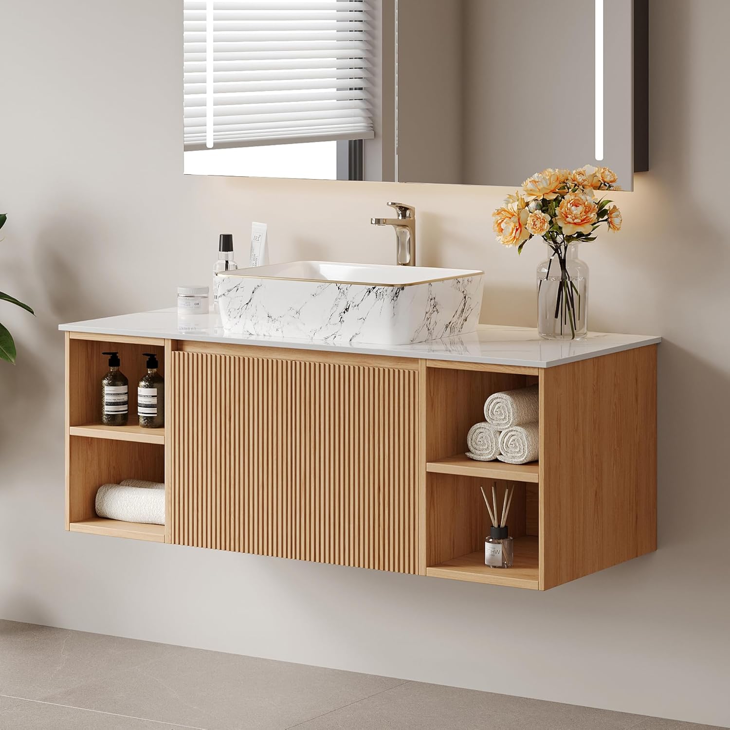 48" Floating Bathroom Vanity with Sink, Modern Vanity Cabinet with Sintered Stone Countertop, Wall Mount Bathroom Sink with Storage, Ceramic Basin, Light Wood