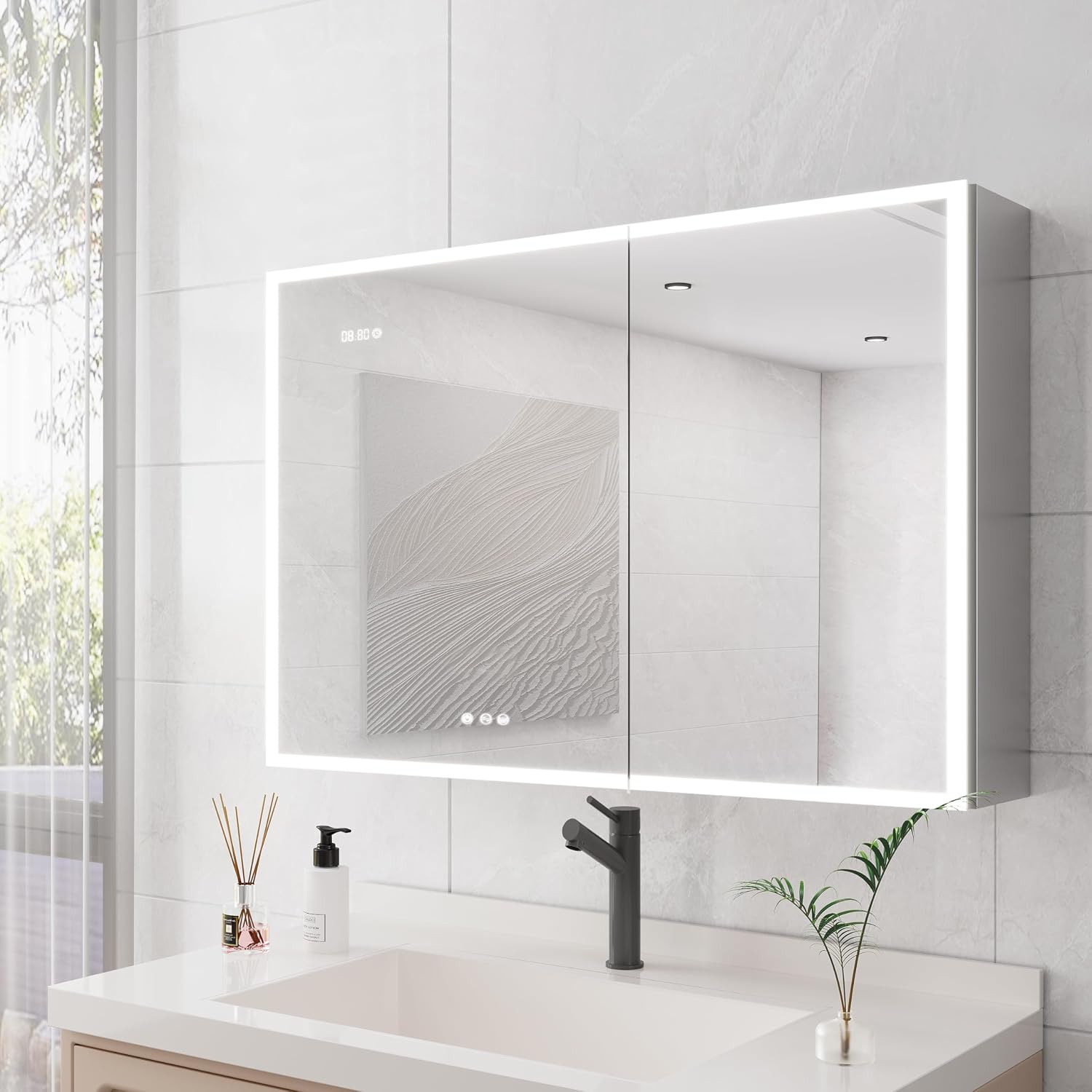 36x24 Inch Double Door LED Mirror Cabinet with Outlet & USB - Adjustable Color Temperature, Anti-Fog, Digital Clock, Bathroom Storage, UL Listed, IP44 Waterproof, Wall Mounted Medicine Cabinet