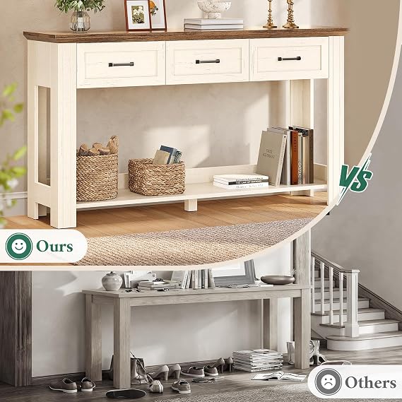 55 Farmhouse Console Table with 3 Drawers, Rustic Entryway Table with Open Shelf, Sofa Tables Behind Couch for Entrance, Living Room, Hallway, Warm White