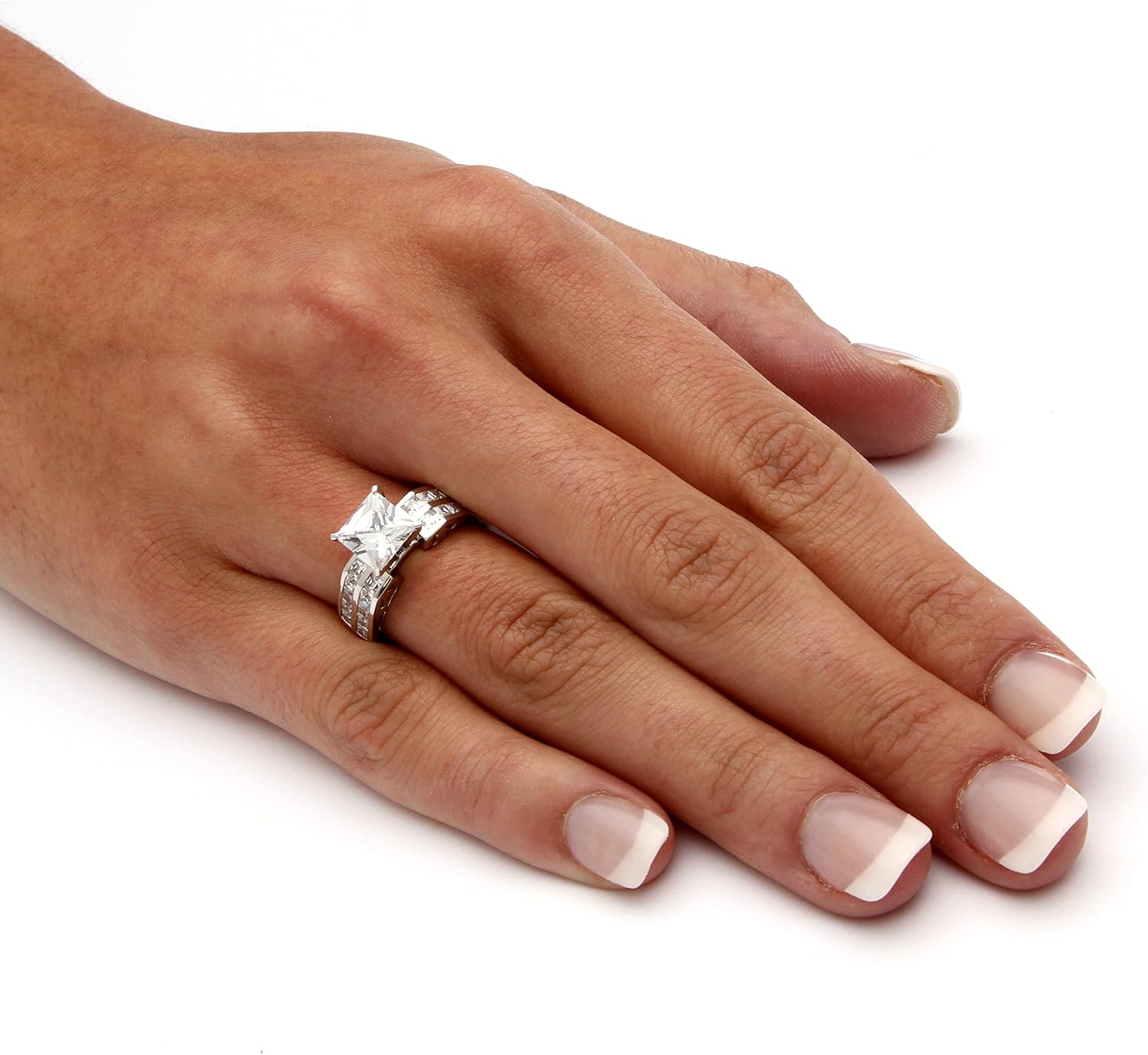 PalmBeach 10K White Gold Princess Cut Cubic Zirconia Double Row Engagement Ring Sizes 6-9