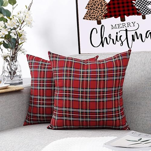 Juego de 2 fundas de almohada de Navidad a cuadros rojos de 20 x 20 pulgadas, fundas de almohada de Navidad para sofá, decoración navideña para