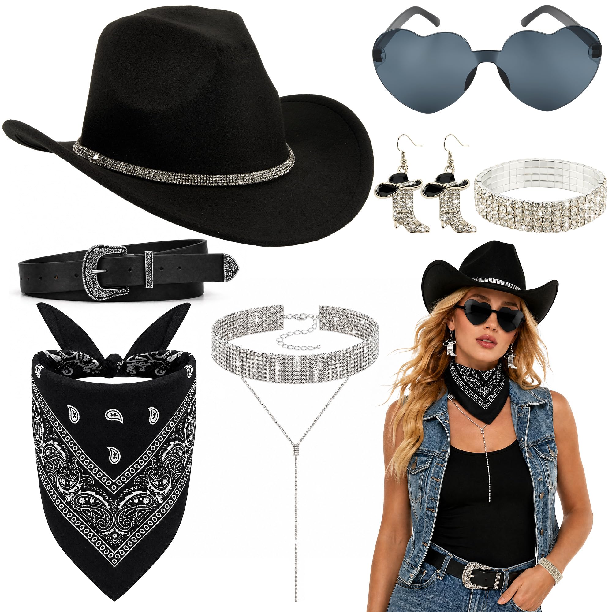 Rilcn 7PCS Cowgirl Costume Accessories Set for Women, Black Cowboy Hat with Heart Sunglasses, Bandana, Jewellery & Belt for Western Party, Festival, Halloween, Hen Party Fancy Dress