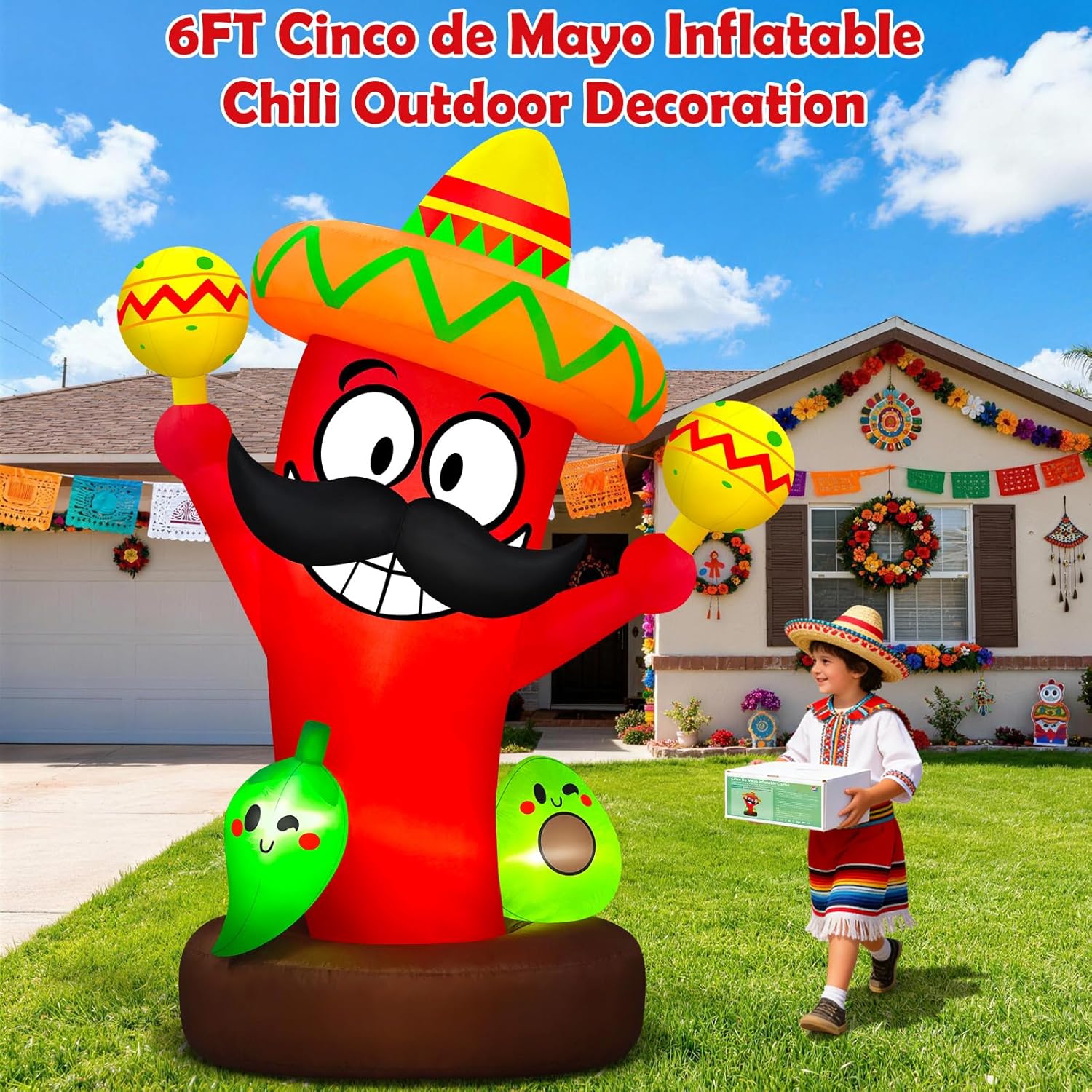 MICOCAH 6FT Cinco De Mayo Inflatable Outdoor Decoration Blow Up Chili Holding Makara with Taco Sombrero, Built-in LEDs Lights Mexican Fiesta Decor for Yard Garden Indoor Outdoor Party Holiday