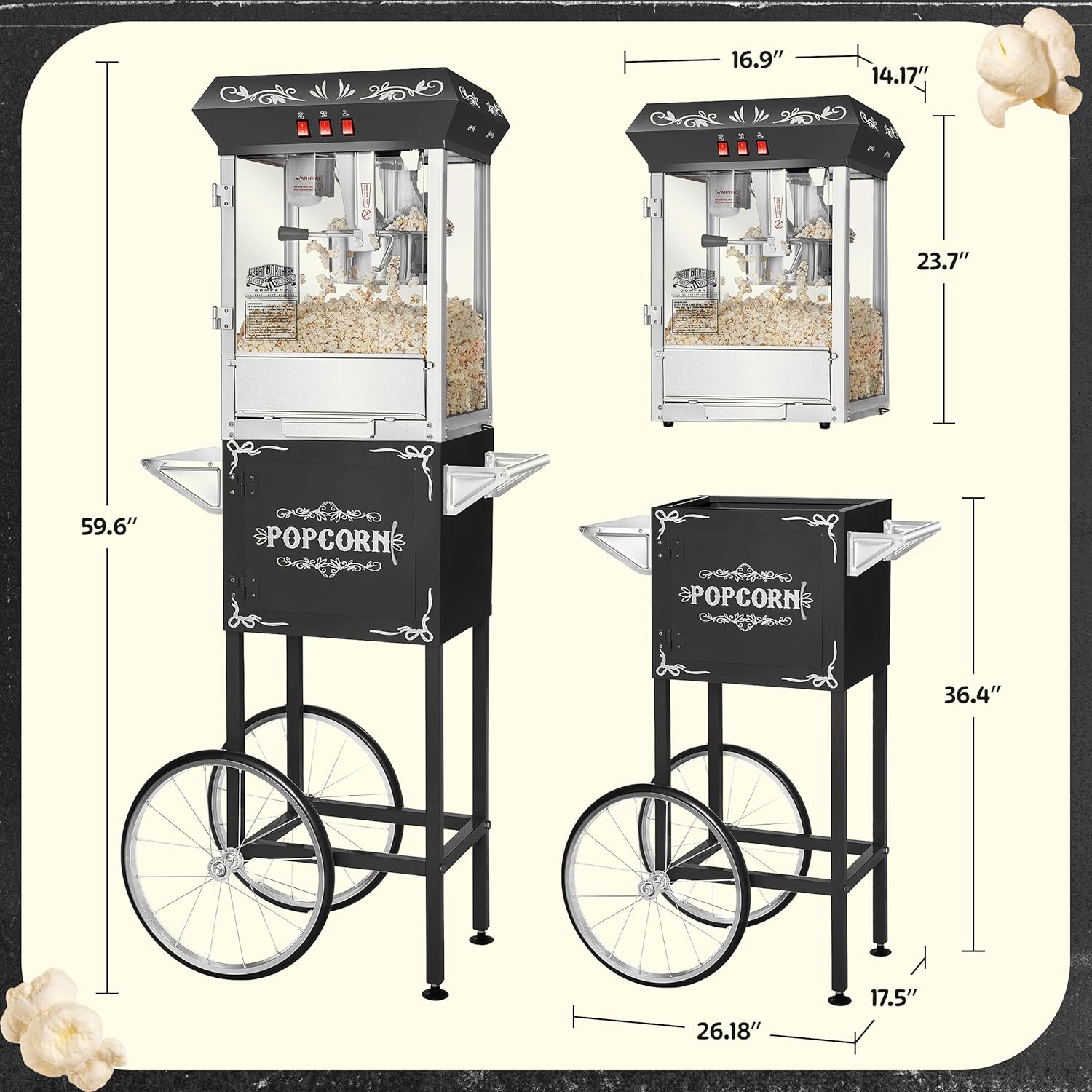 Foundation Popcorn Machine with Cart - 8oz Popper with Stainless-Steel Kettle, Warming Light, and Accessories, Black