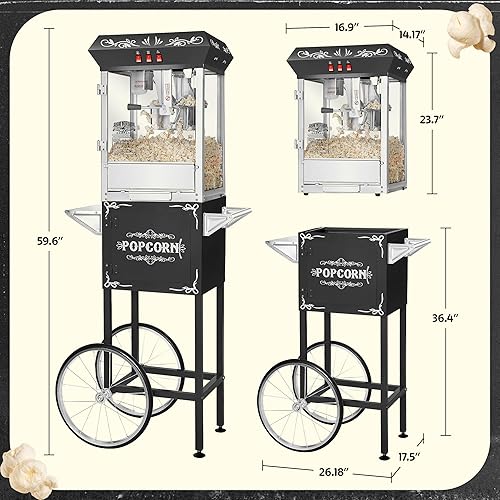 Miniatura 6 de Máquina de palomitas de maíz de base con carro, 8 onzas con hervidor de acero inoxidable, luz de calentamiento y accesorios, color negro