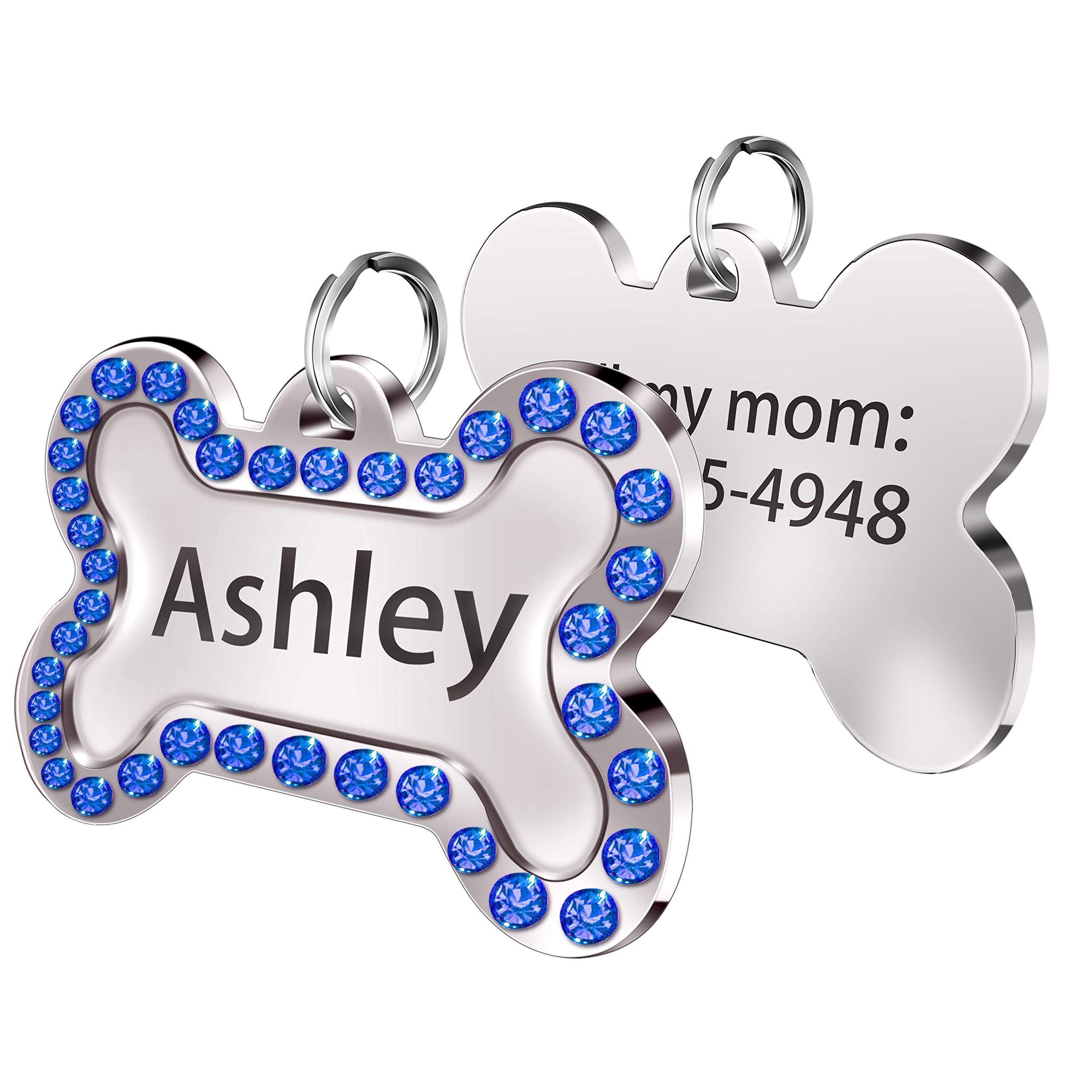 Custom Dog Tags Personalized Name Laser Engraved Pet ID Tags with Crystals Inlaid Around The Edge (Blue)