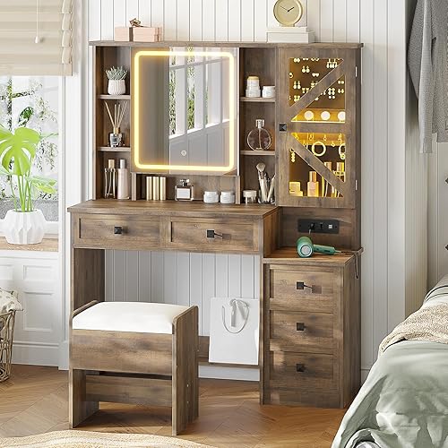 Miniatura 8 de AOGLLATI Escritorio de maquillaje de granja con luces y estación de carga, escritorio de tocador con espejo y luces, mesa grande de tocador marrón