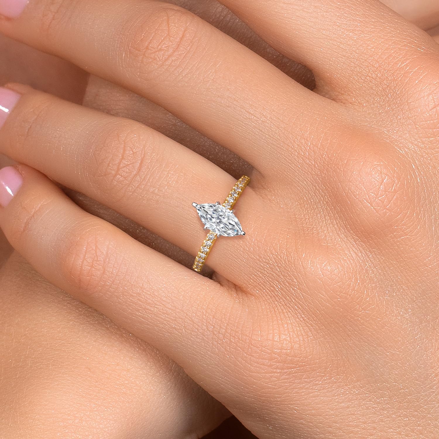 Gem Stone King 1-5 Cttw IGI Certified Lab Grown Diamond 2-Tone 14K White and Yellow Gold Engagement Ring For Women | Marquise Cut | D-E Color VS1 Clarity | Wedding Anniversary Ring