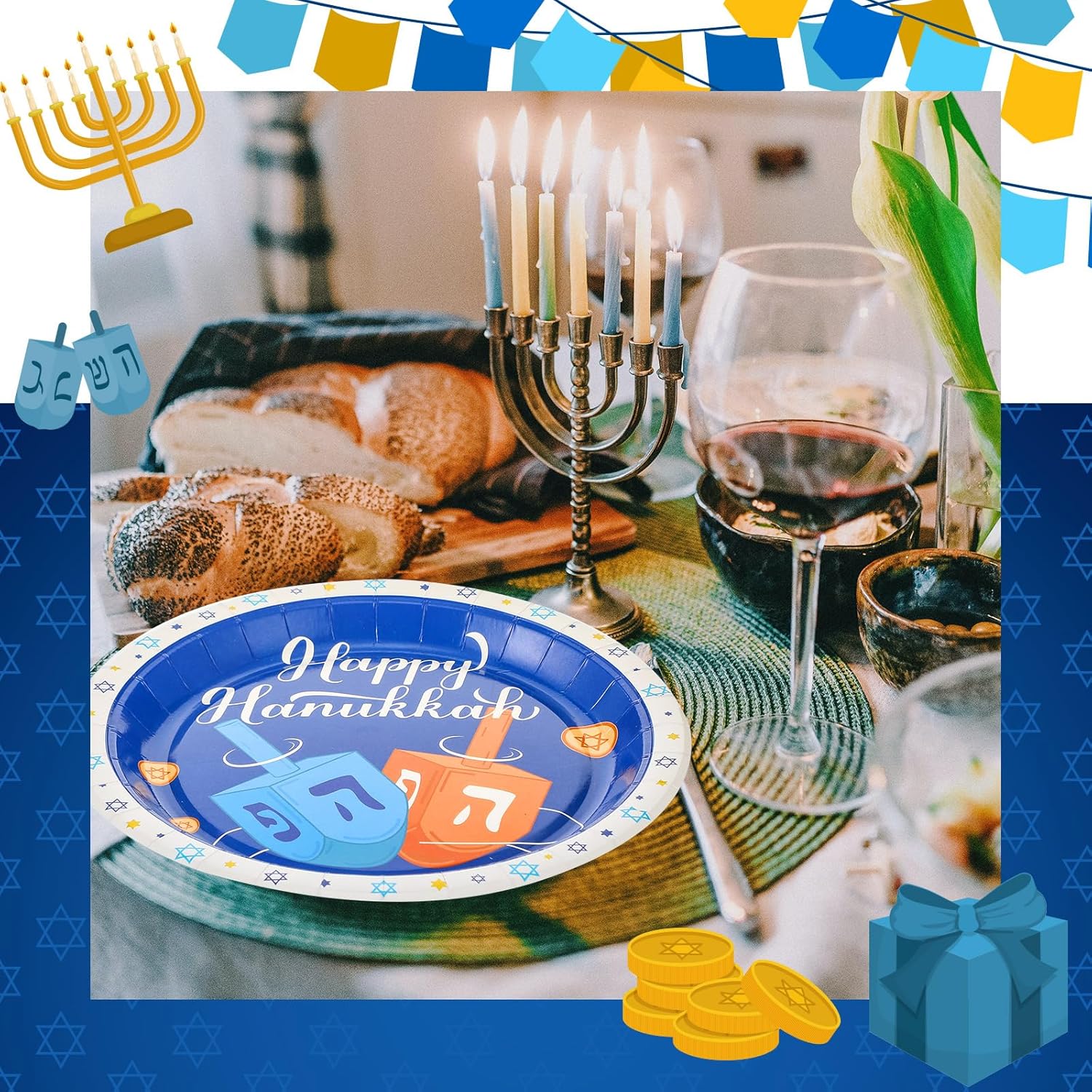 Maxcheck 200 Pcs Hanukkah Paper Plates 9" and 7" Disposable Hanukkah Dinner Plates Happy Blue and White Chanukah Themed Party Supplies Favors Decorations