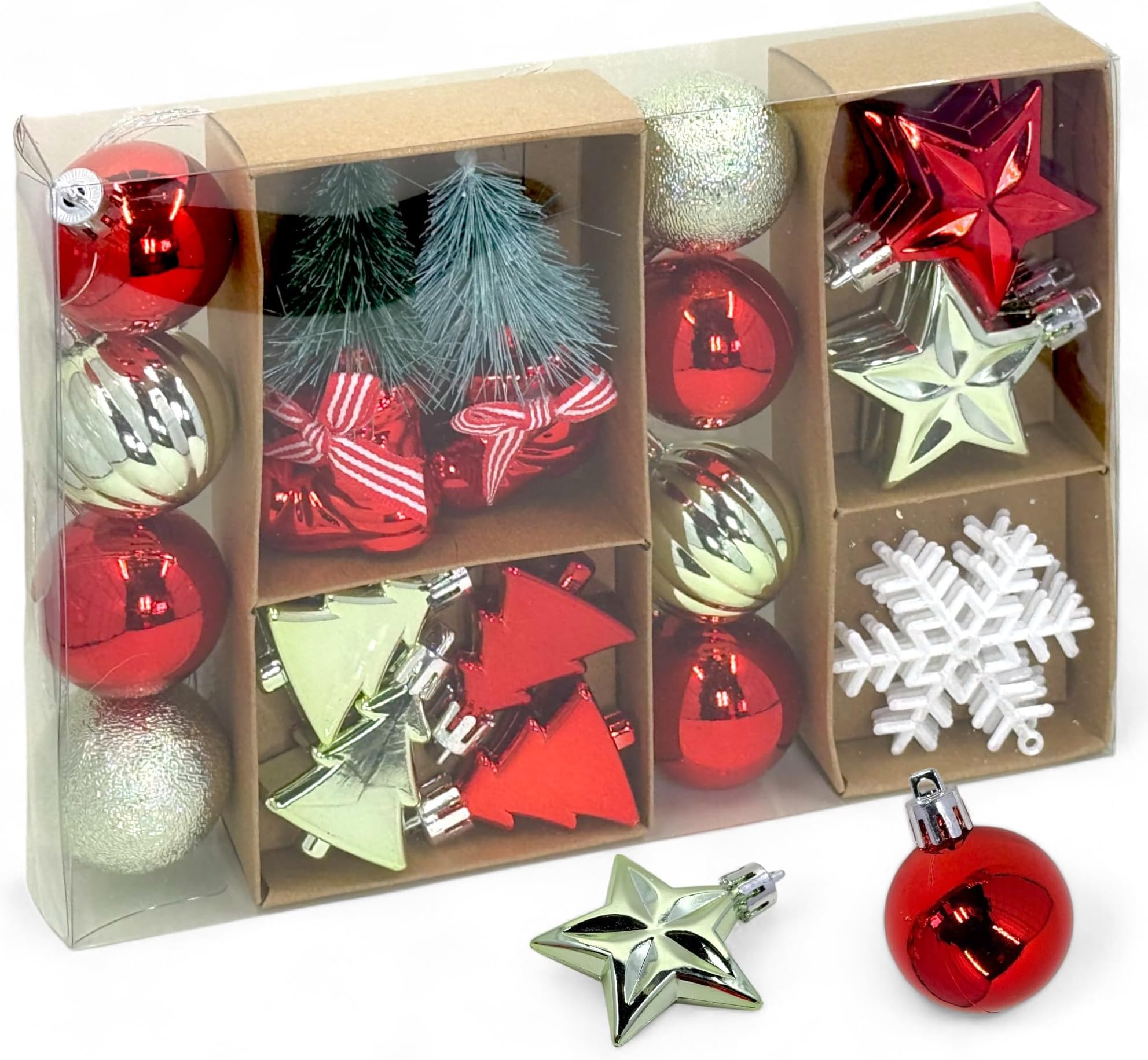 MIJOMA 22-Piece Mini Christmas Tree Decoration Set - Shatterproof Christmas Baubles and Christmas Tree Pendants, Ideal for Advent Wreath & Arrangements - Red, Silver, Light Green, White, 4-5 cm