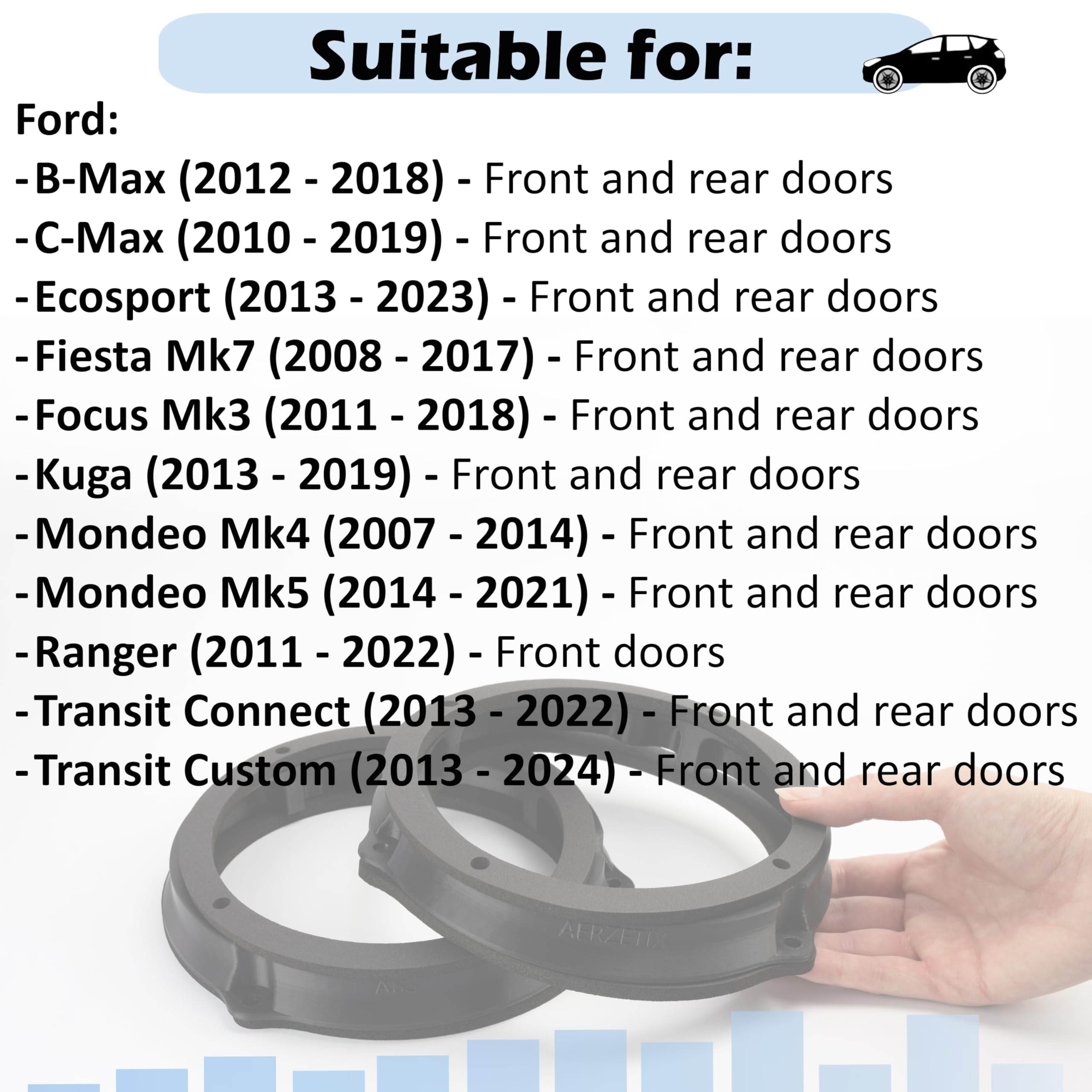 Aerzetix | Kit 2 adattatori per altoparlanti Ø165 mm | portiere anteriori/posteriori | compatibile con Ford B-Max, C-Max, Focus Mk3, Kuga, Mondeo Mk4 Mk5, Ranger, Transit Connect Custom