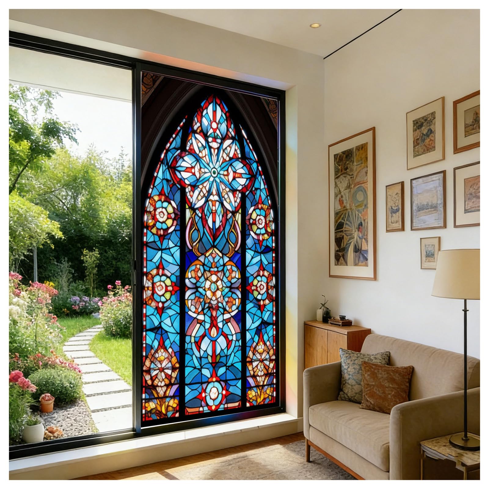 Gotisches Spitzbogen Rosettenfenster Buntglas Sichtschutz Fensterfolie statisch haftend Fensterbehandlungen Glasaufkleber dekorative Folie für Glastür und Heimdekoration,Color 1,70x120cm