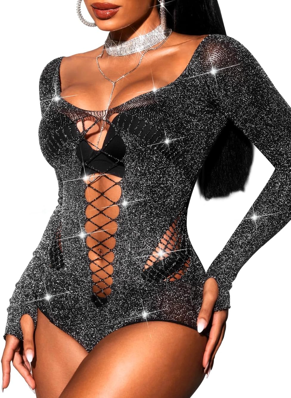 Sparkly Bodysuit Tops For Women, Fits 0-16 Sexy Fishnet, Glitter Sequin Rave Concert, Long Sleeves Sheer Mesh
