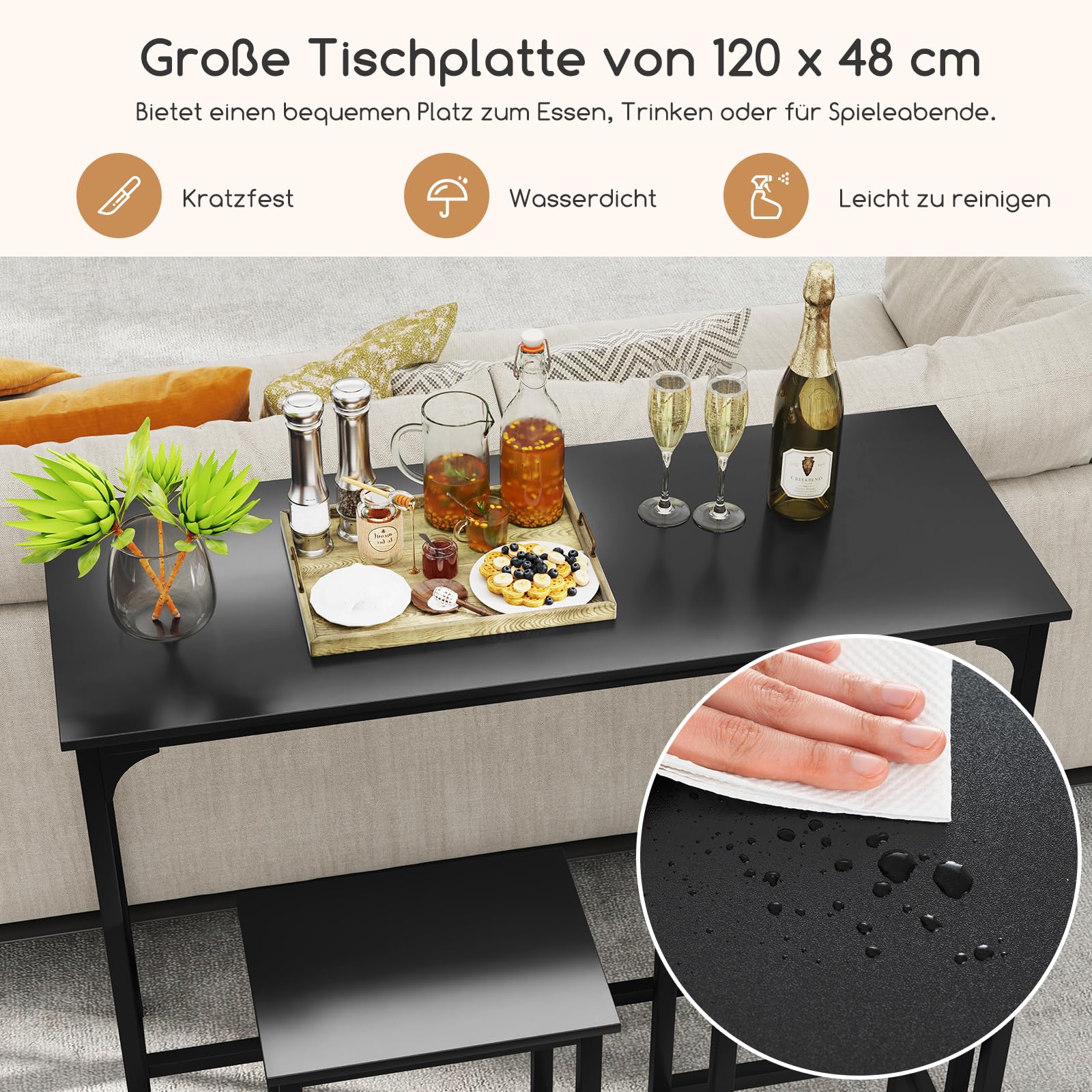 RELAX4LIFE Bartisch mit Barhocker-Set, Esstisch mit 2 Stühlen, Stehtisch mit Metallrahmen, Küchentresen mit Fußstütze, Küchentisch und Küchenstühle im Industrie-Design, Essgruppe für Küche (Schwarz)