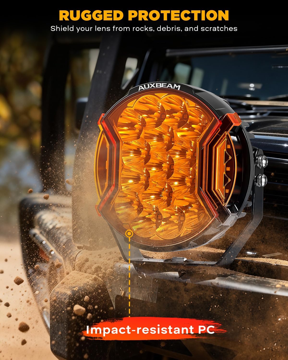 Auxbeam V-Ultra Series 7 Inch Deep Amber Light Covers 2300K Dark Amber Tone Round Offroad Lens Cap Smoked Amber Tint Reduce Glare for Fog & Dust Low Visibility, 2 Packs