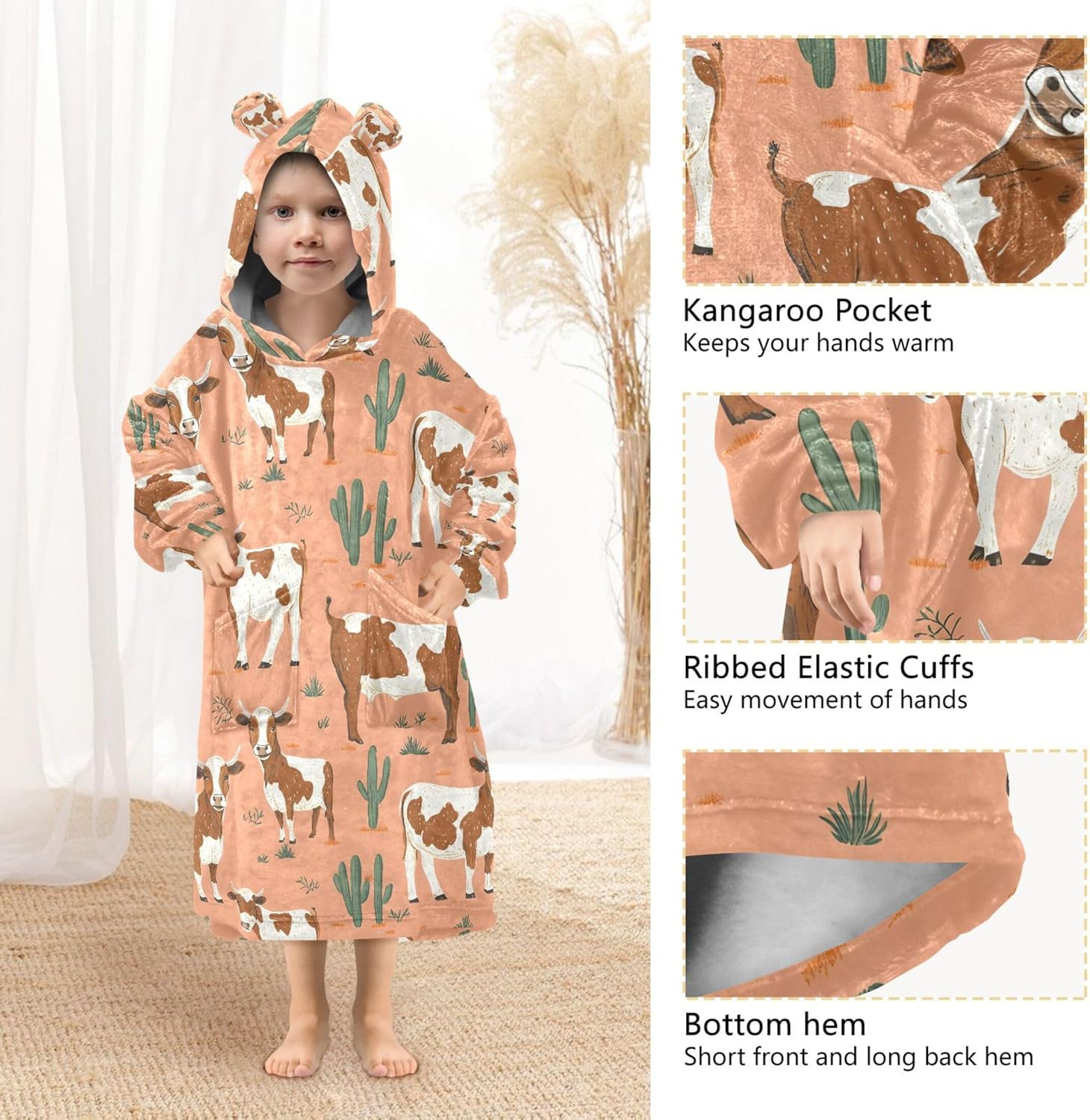 Cow Cactus Animal Kids Wearable Blanket Hoodie with Pocket and Sleeves for Toddlers, Cute Hoodies Girls Boys B0403793