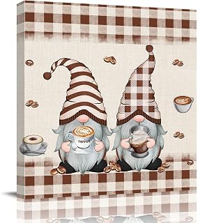 Vintage Cute Coffee Gnome and Cup Bean Canvas Wall Art Oil Painting Picturs for Bathroom Kitchen Decor Brown Beige Buffalo Check Framed Print Artwork, Hanging Posters Home Decor Artwork