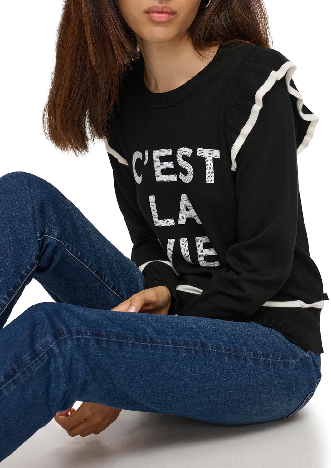 Karl Lagerfeld Women's Ruffle Sleeve Graphic Sweater