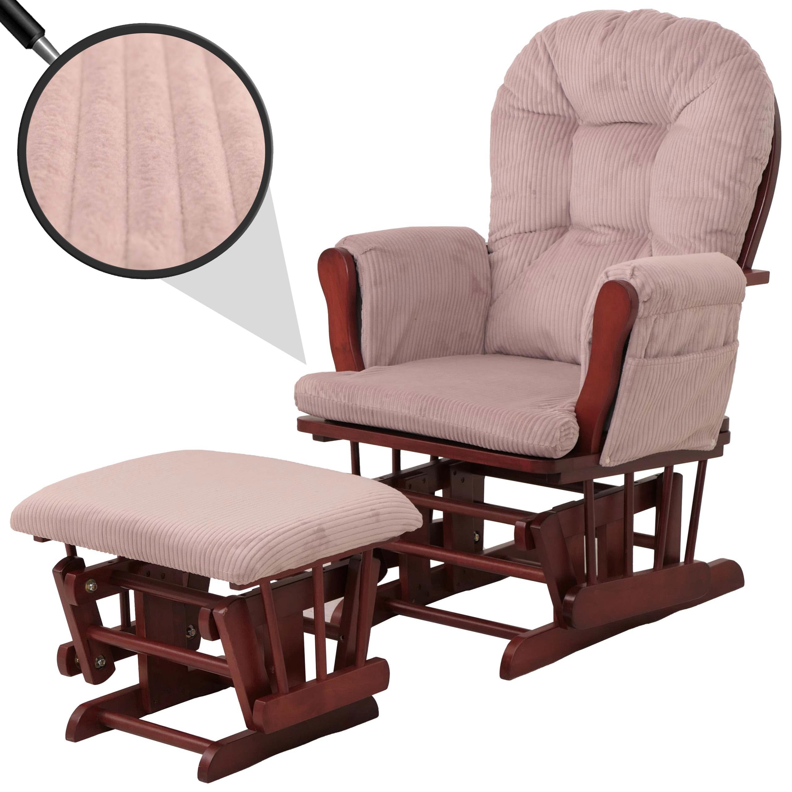 Mendler Poltrona a dondolo HWC-C76 sedia relax poggiapiedi Stoffa/tessuto a coste (320g/m²) - rosa, struttura scura
