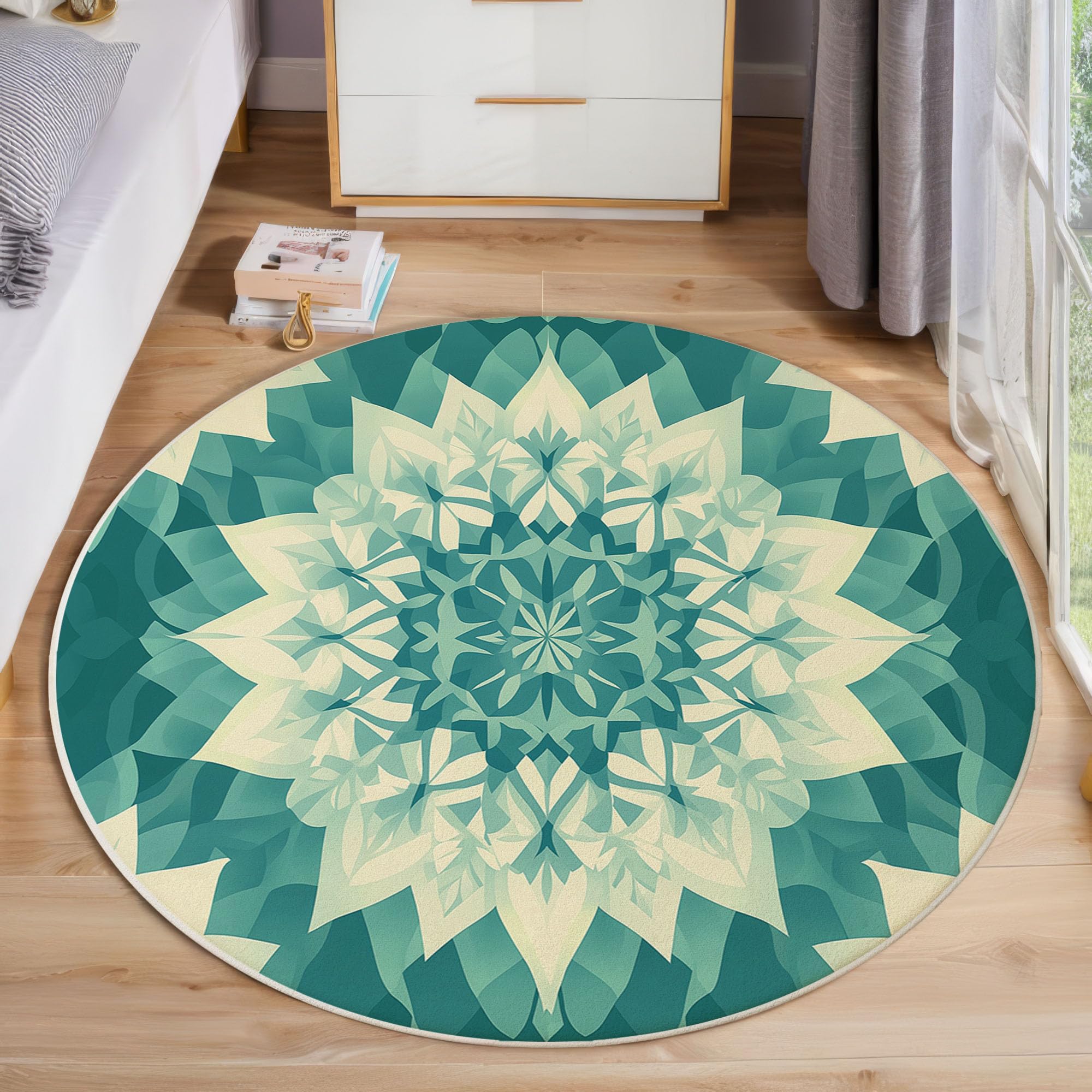 Tapis Poil Ras Rond Art Géométrique Tapis Rond Mandala Doux et antidérapant - Lavable en Machine - pour Salon, Chambre à Coucher, Salle à Manger, 180cm, Bleu-Vert