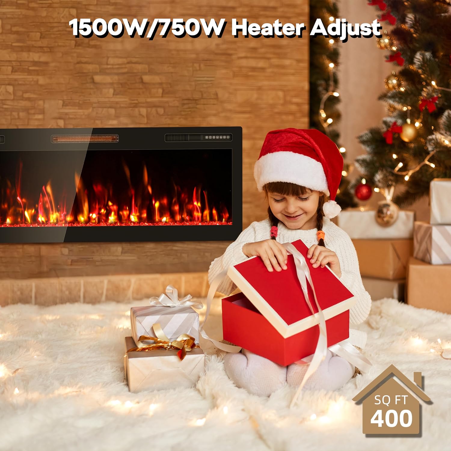 50" Electric Fireplace Recessed Wall Mounted Wide Screen Ultra Narrow Bezel Frame HD Flame Effect Crystal Fuel Bed Modern Fire Places with Remote Control 750/1500W