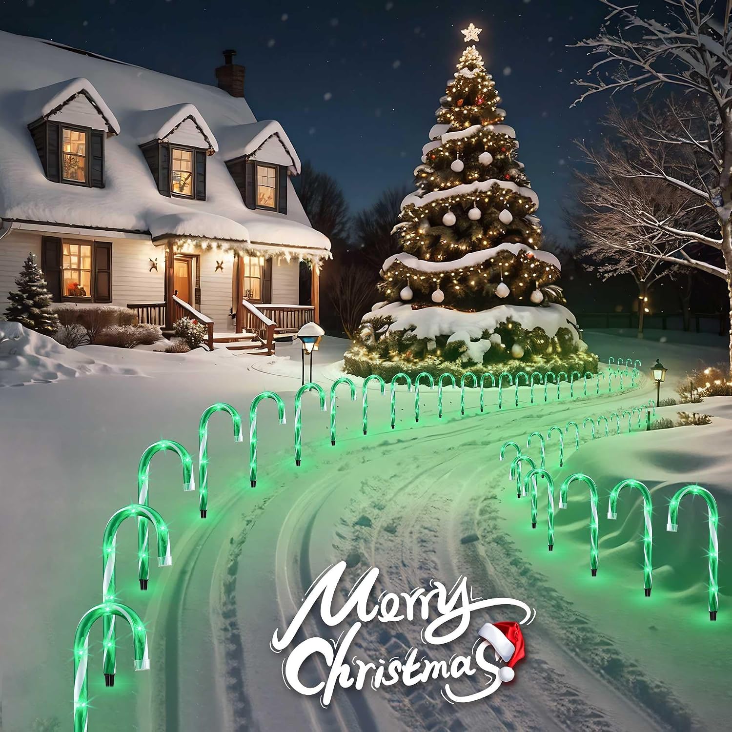 VCOKEN 10'' Christmas Candy Cane Pathway Markers Lights - Set of 10 Christmas Stakes Lights Outdoor Pathway Decorations, Connectable & Light Up Xmas Holiday Party Yard Indoor Outdoor Ornament, Green