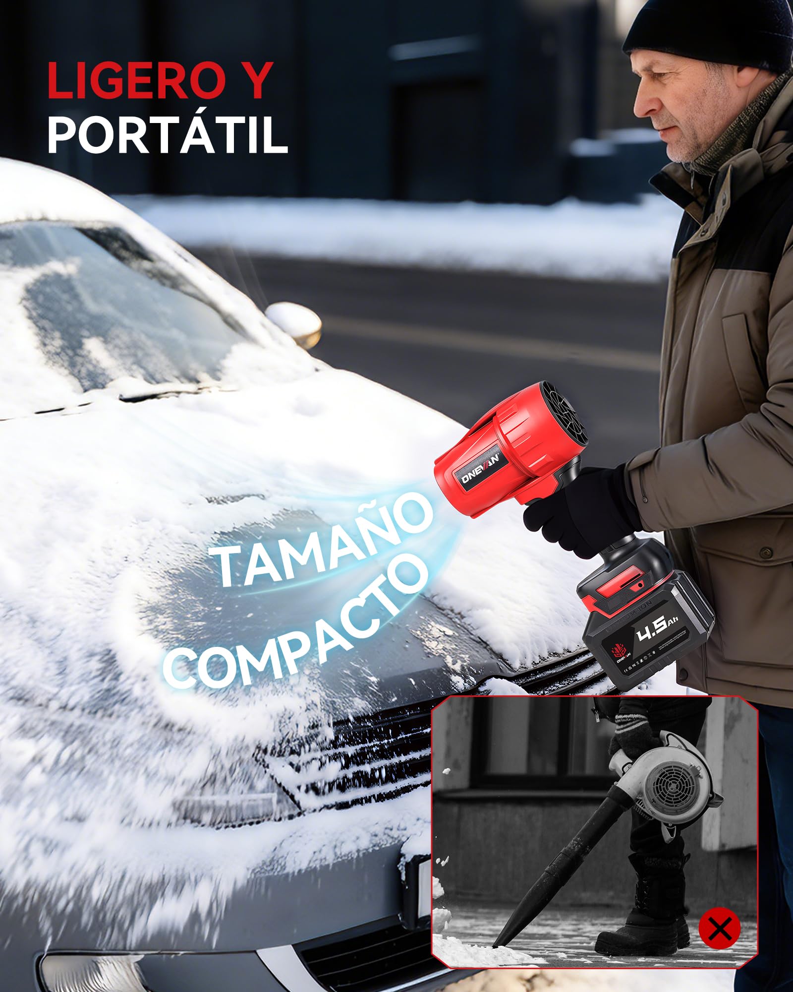 ONEVAN Turbo Soplador Bateria, 600km/h Soplador de Hojas sin Escobillas con 2 Baterías 4.5Ah y Cargador 1.2A, Fuerza de Soplado 1.5 kg, Soplador de Aire Potente Jardin para Hojas, Polvo y Nieve