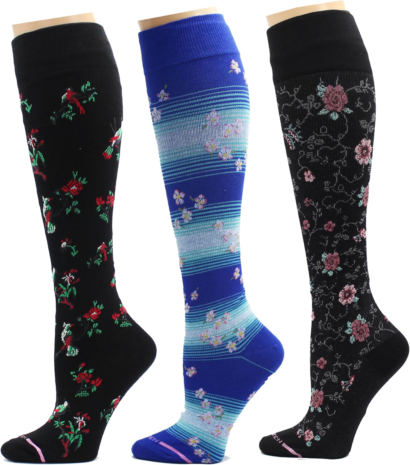 Dr. Motion Women's 3-Pack Floral Cmpression Knee Socks, Black/Grey/Black, 9-11