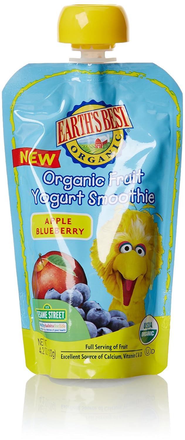Earth's Best Organic Sesame Street Toddler Fruit Yogurt Smoothie, Apple Blueberry, 4.2 oz. Pouch (Pack of 6)