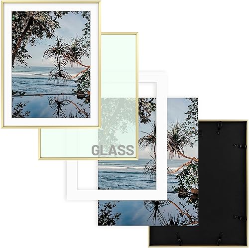 Vista 334 de Golden State Art - Marco de fotos de aluminio satinado clásico de 8 x 10 con alfombrilla de color marfil para fotos de 5 x 7 y cristal real, Dorado