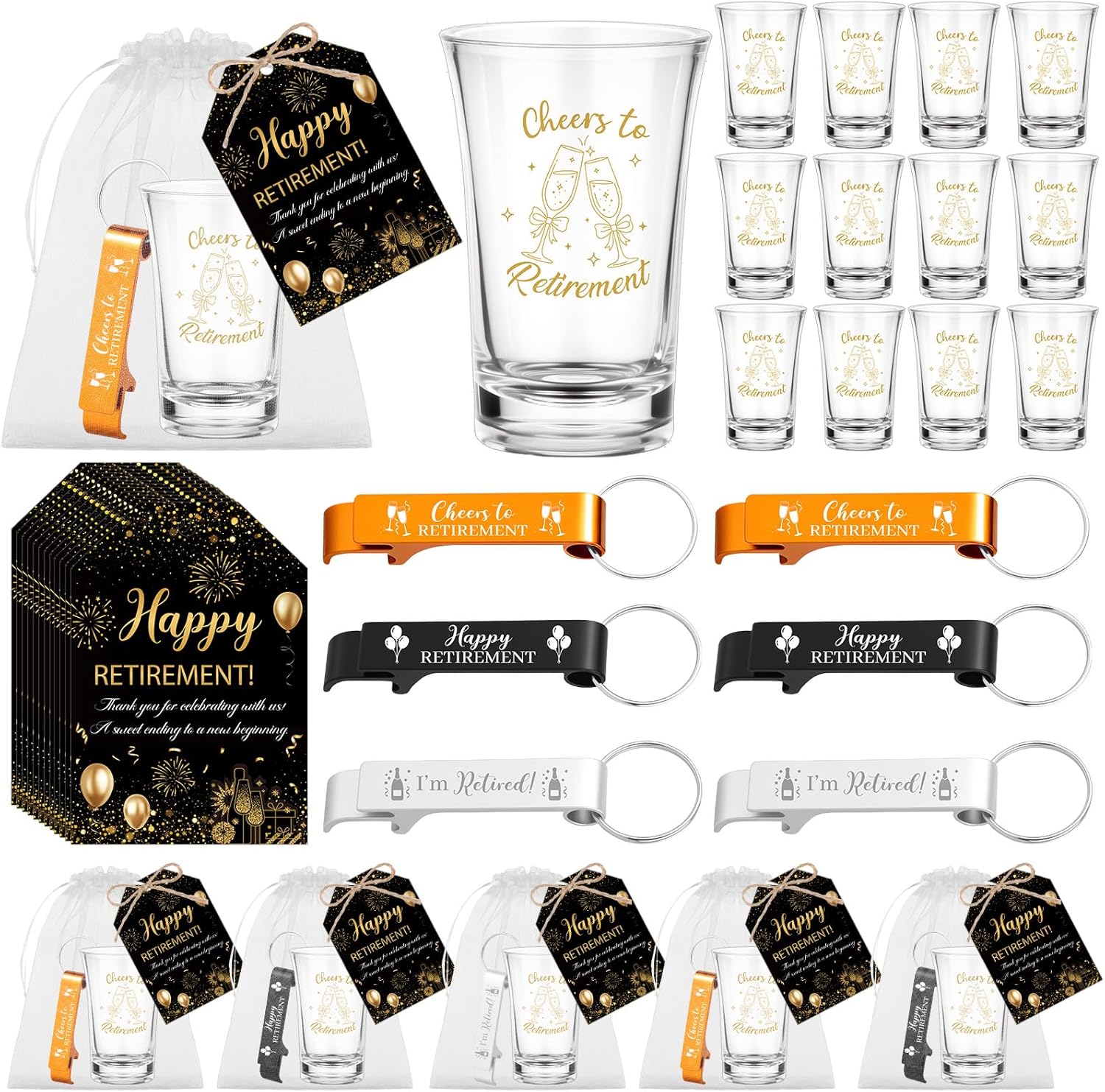 36 Sets Cheers to Retirement Acrylic Shot Glasses Retirement Cups Bulk with Bottle Opener Keychains Thank You Cards Bags, Retirement Party Favors for Guests Souvenirs Gifts Party Decorations