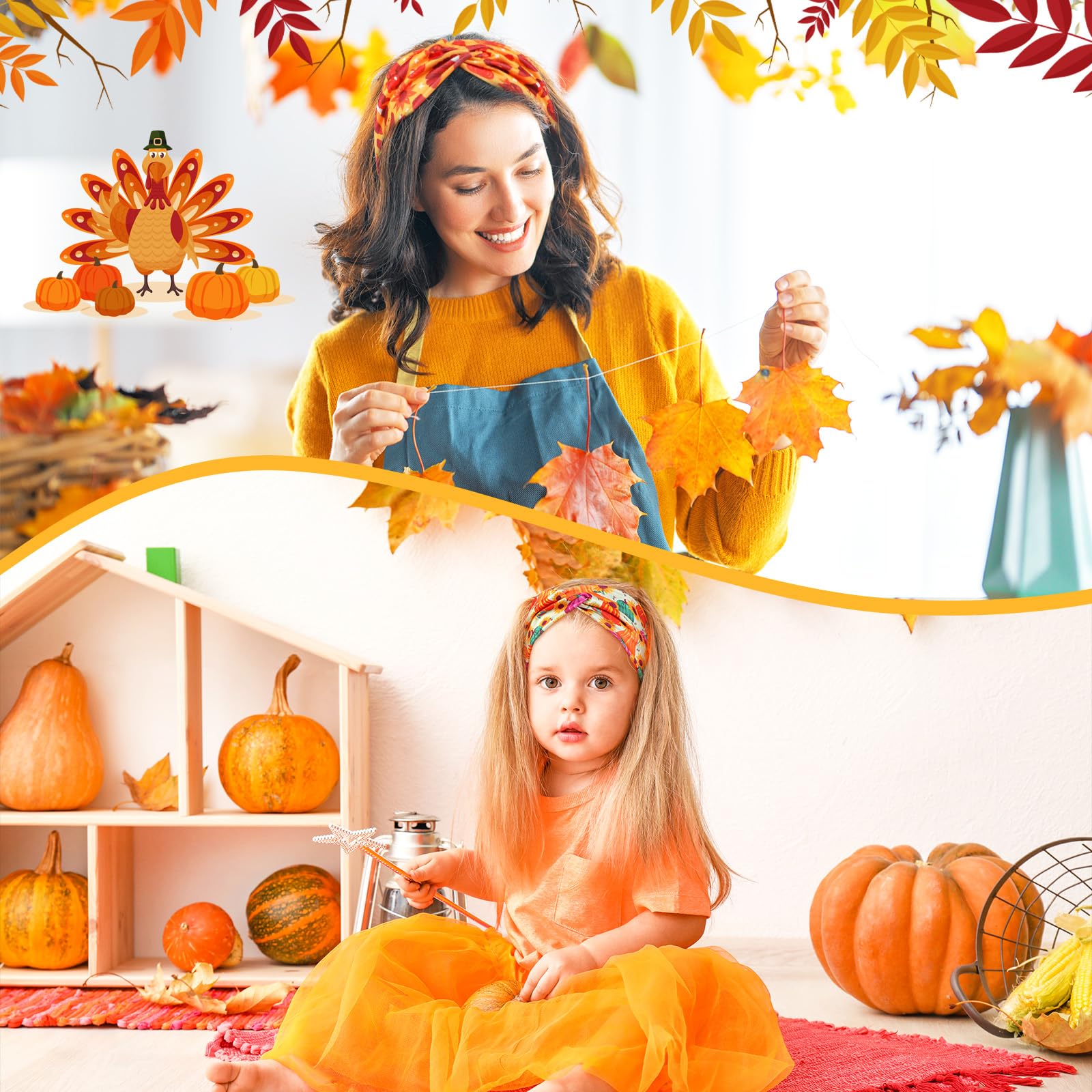 Giegxin 30 diademas elásticas de otoño para mujer, accesorios para el cabello de calabaza de otoño, envolturas elásticas para la cabeza para mujeres y niñas
