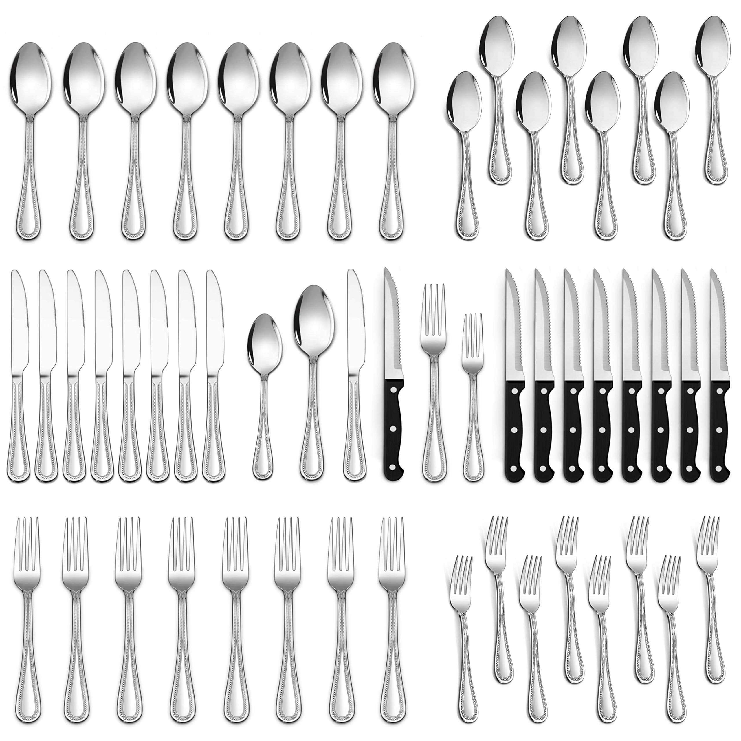 LIANYU Silverware Flatware Set for 8, 48-Piece Silverware Cutlery Set with Steak Knives, Stainless Steel Eating Utensils Tableware Include Forks Spoons Knives, Beaded Edge, Dishwasher Safe