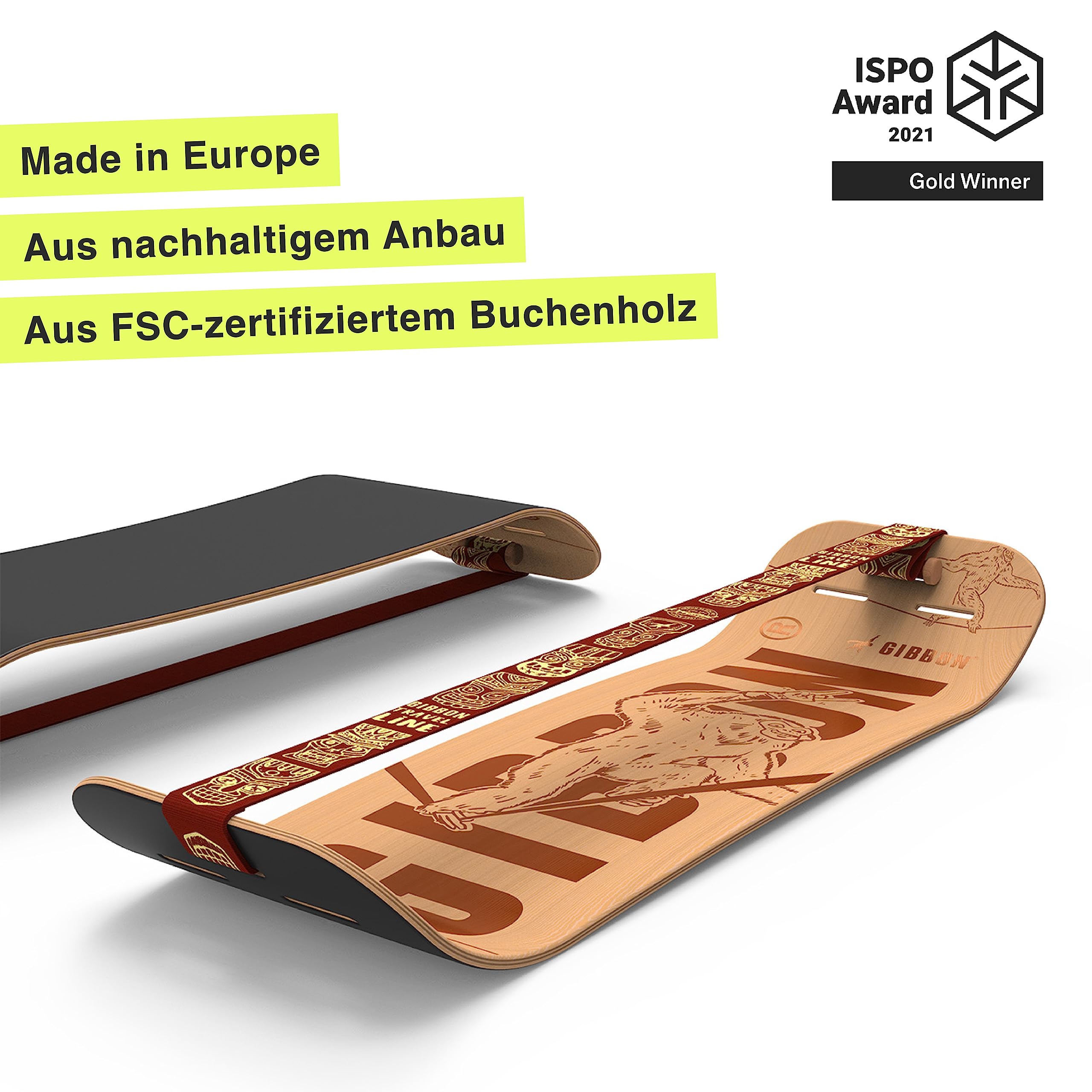 GIBOARD-SET BONZO CLASSIC - Innovatives Balance Board | Freestyle-Workout | hochwertiges Buchenholz | Made in Europe | inkl. CLASSICLine Slackline-Set | Kork Pads & Gibbon App Zugang