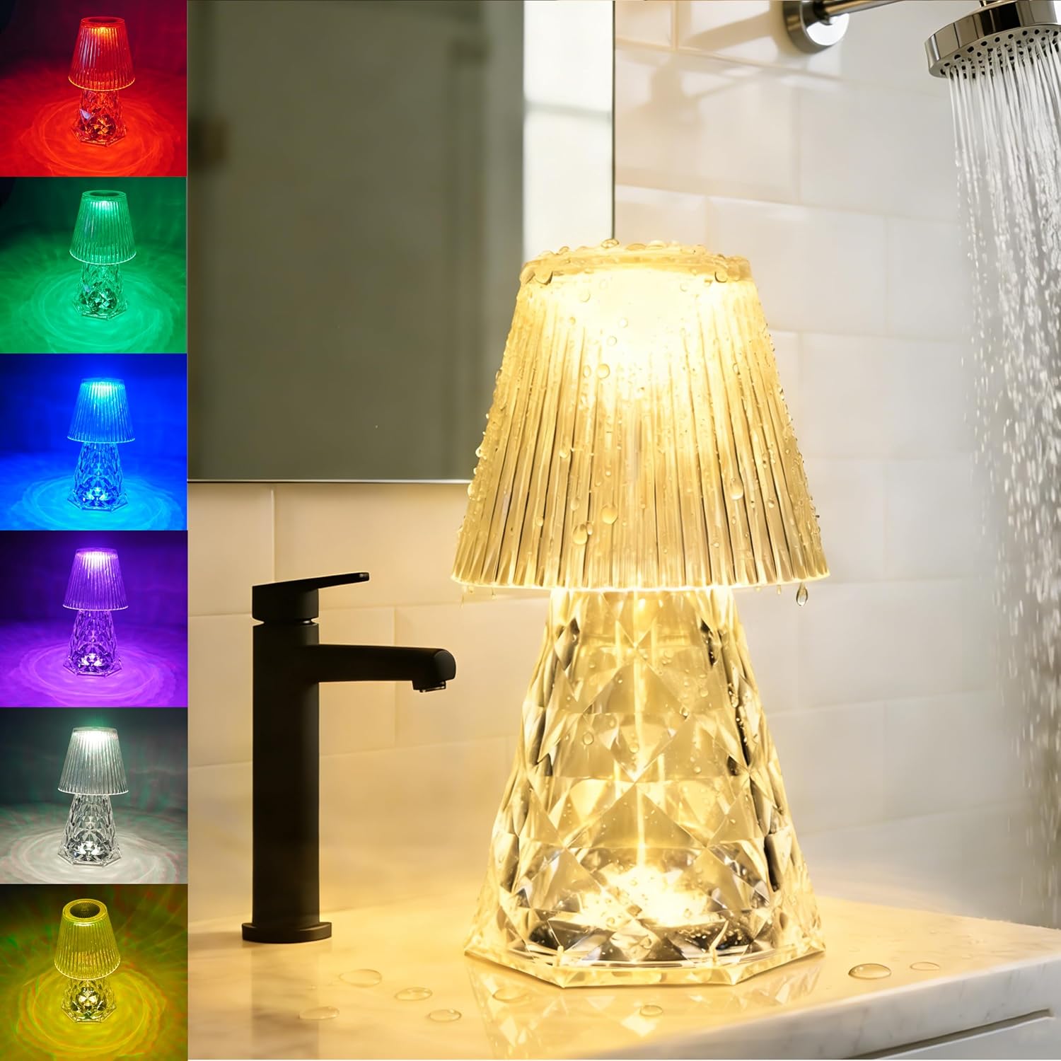 Waterproof Shower Lamp, Rechargeable Bathroom Lamp with RGB, Cordless Crystal Table Lamp, Dimmable Crystal Bedside Night Light for Bathroom Bedroom