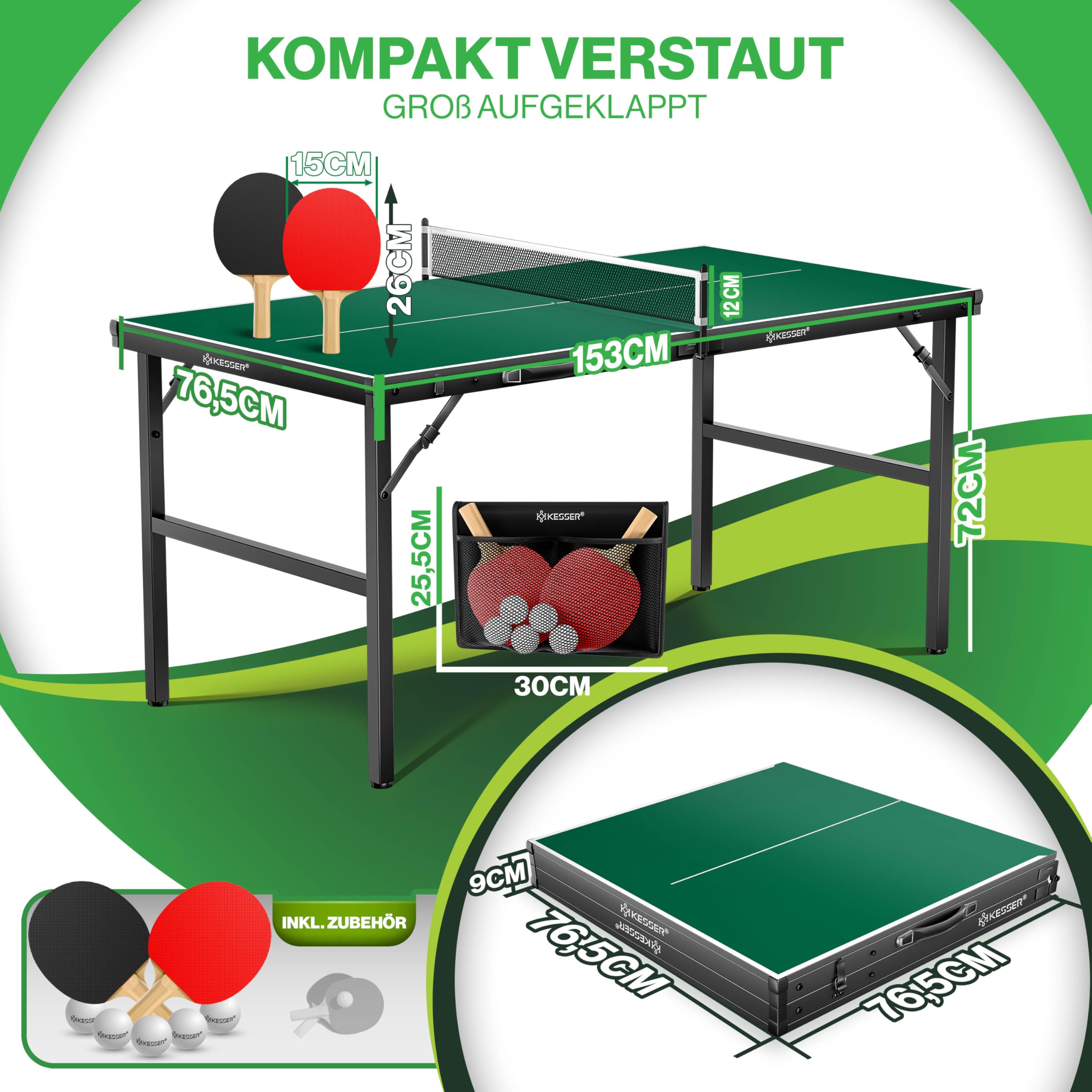 KESSER Mini table de ping-pong d'extérieur | Intérieur avec ensemble de raquettes de ping-pong, balles de tennis de table et filet TT – Résistant aux intempéries | Laminé | Pliable pour les
