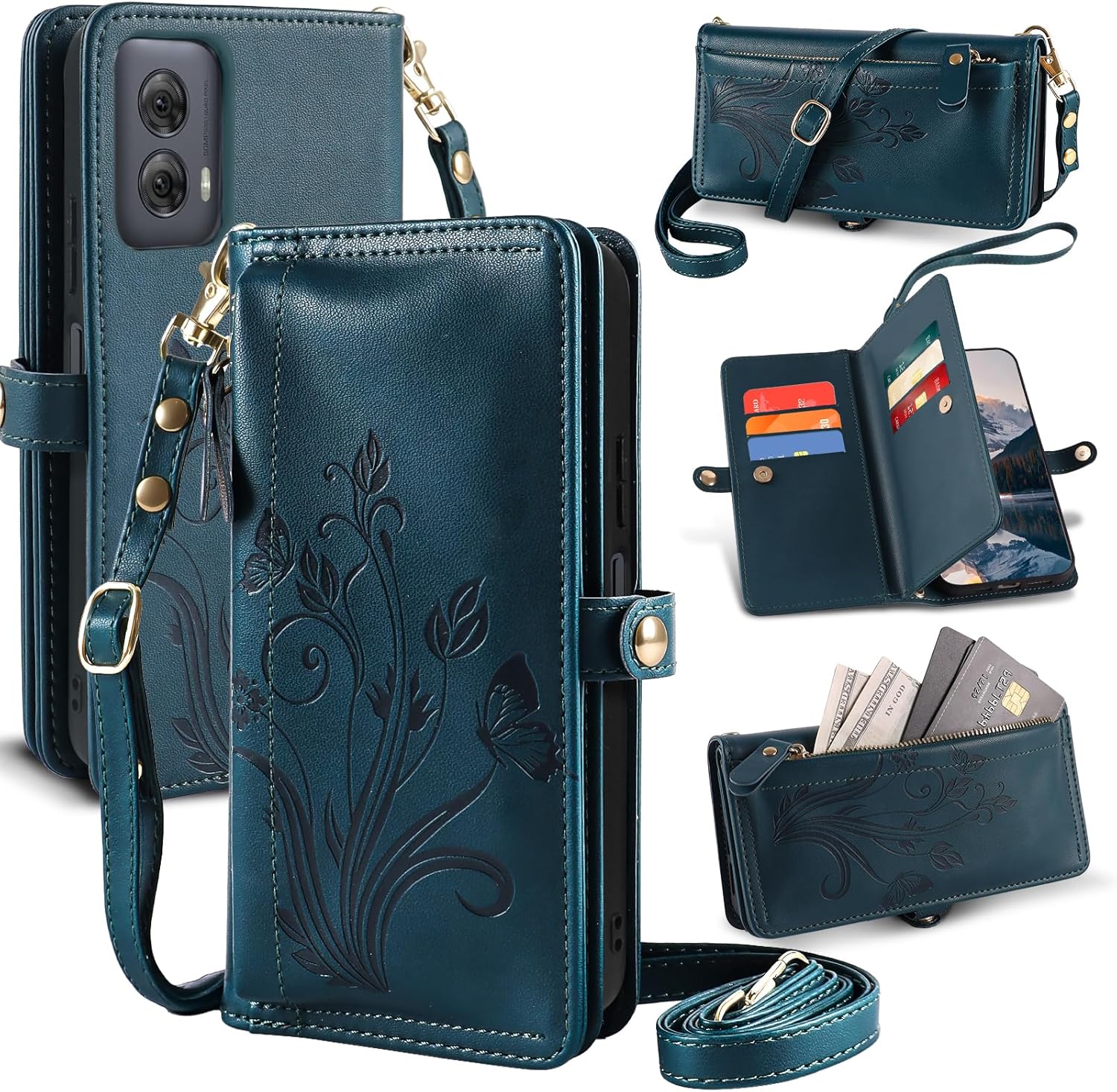 Lacass for Motorola Moto G Power 5G 2024 Case Wallet,[Cards Theft Scan Protection] Card Holder Zipper Leather Flip Cover Crossbody Wrist Strap with Stand(Floral Cyan Green)