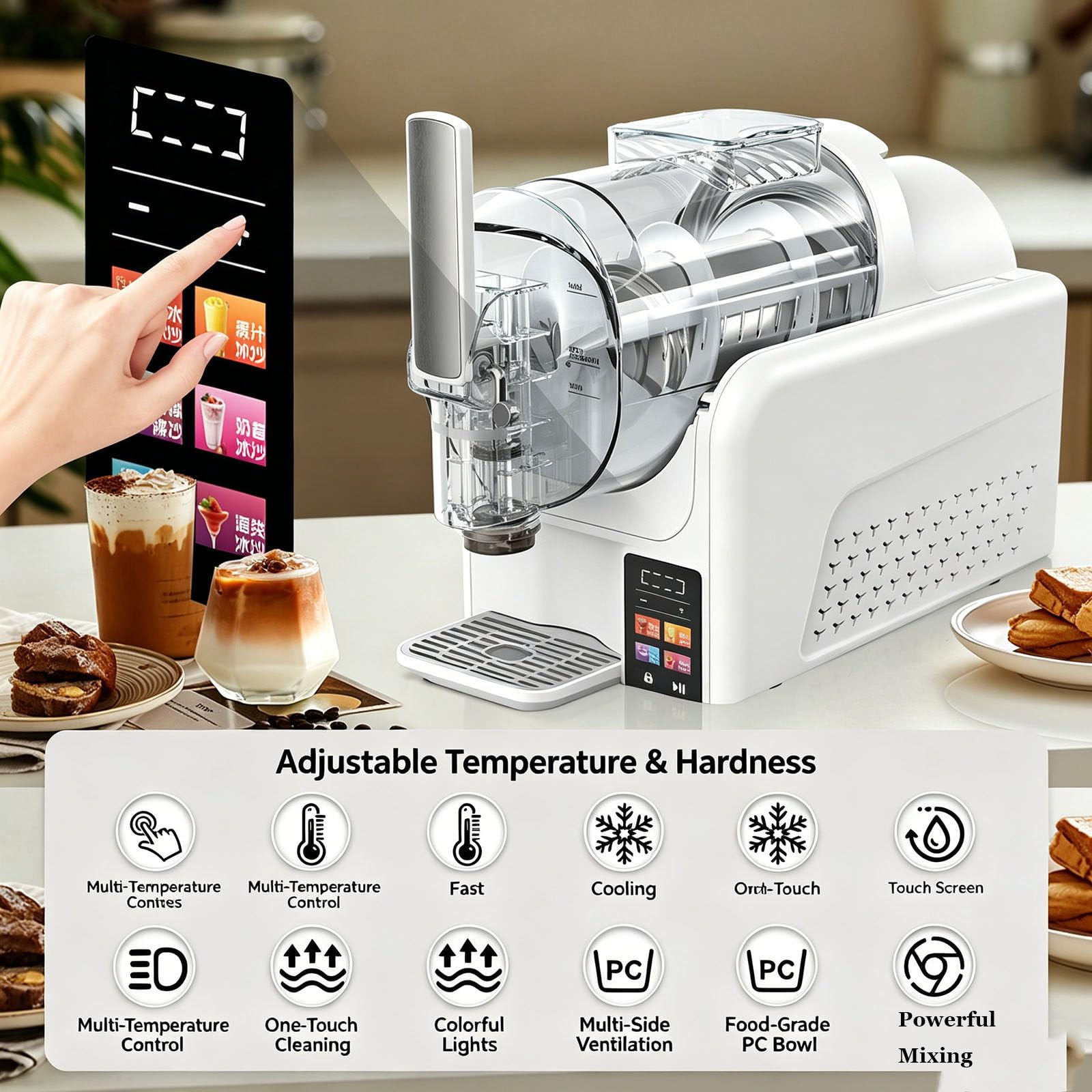 Macchina per Granite e Gelato Soft 2 in 1 con Funzione autopulente, Pannello Touch, Macchina per Bevande ghiacciate con 7 programmi preimpostati, prepara Granite, frappè e Cocktail White
