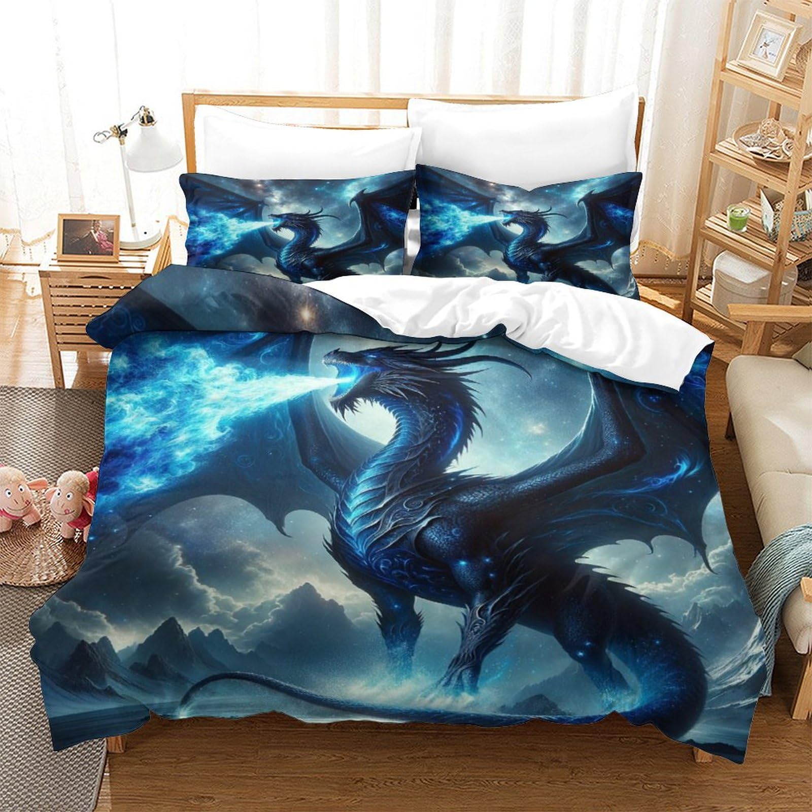 TNFHSOFT Flying Dragon 3D Duvet Cover Sets, Quilt Cover Microfiber Bedding with Zipper Closure Winter Soft Comforter Cover Apply to Kids Youth 3 Piece Set Comfortable Room Decor Super King（260x220cm）