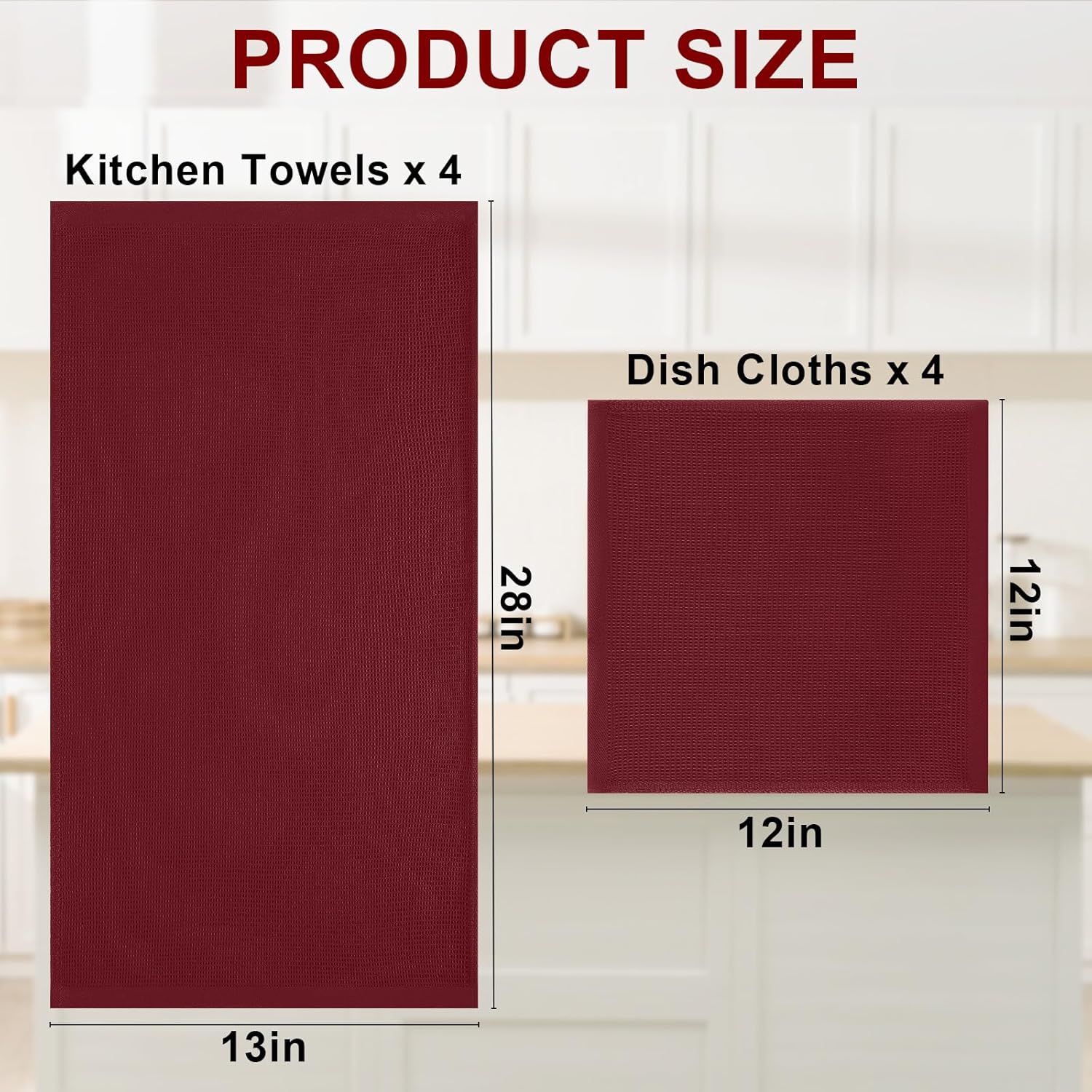 Homaxy 100% Cotton Kitchen Towels and Dishcloths Set - 8 Pack Waffle Weave Soft and Absorbent Dish Towels - 26 X 16 Inch and 12 X 12 Inch - Burgundy