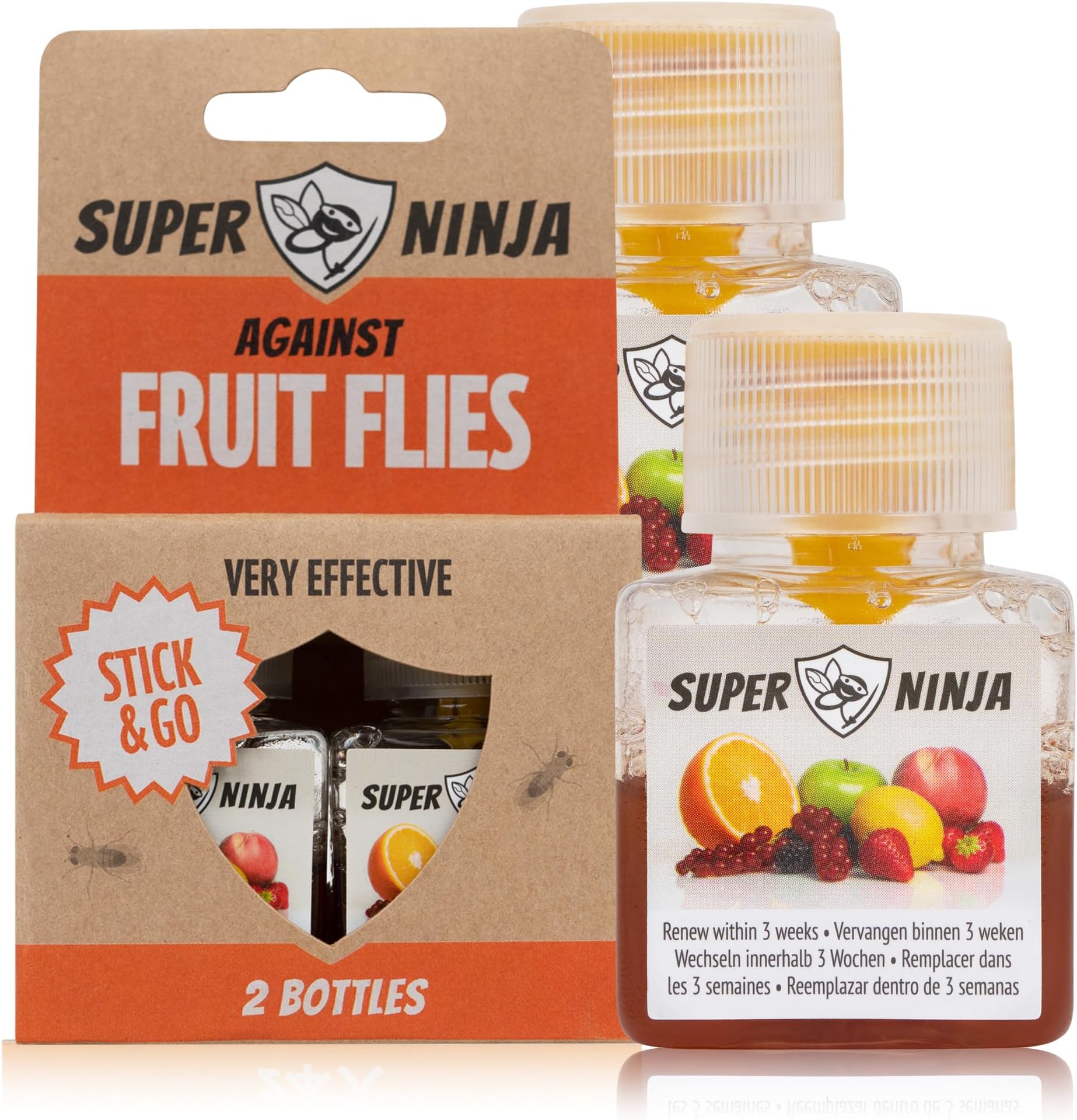 Super Ninja Indoor Fruit Fly Trap - 2 Pack, Effective Fruit Fly Trap for Household and Kitchen, Up to 3 Weeks Performance Per Bottle, Kids and Pet Friendly